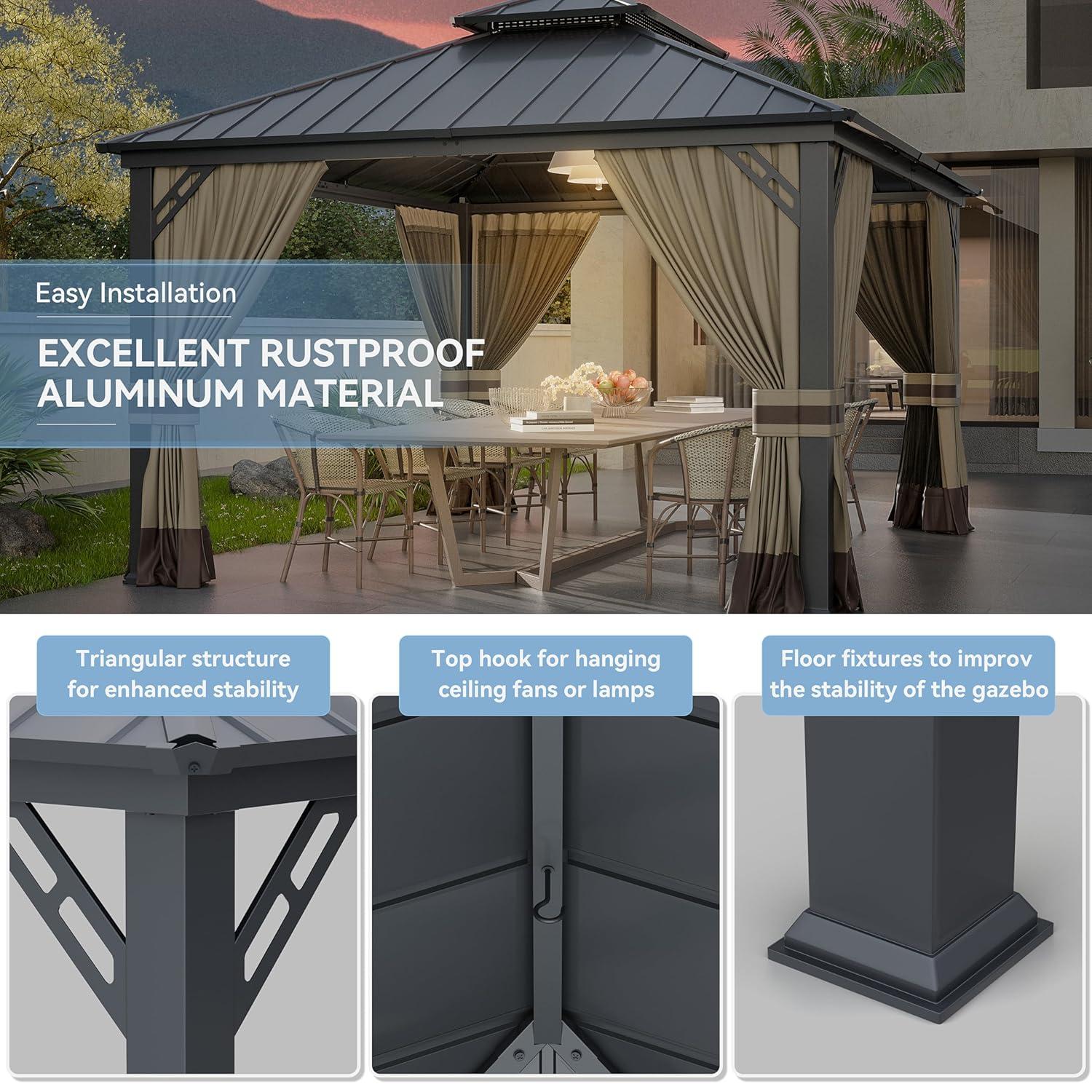 10 ft. x 12 ft. Brown Hardtop Wall Mounted Gazebo with Sloping Pitched Roof and Curtain Sand