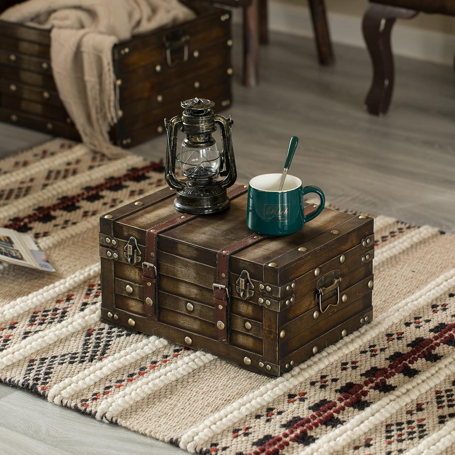 Small Brown Wooden Storage Trunk with Faux Leather Straps