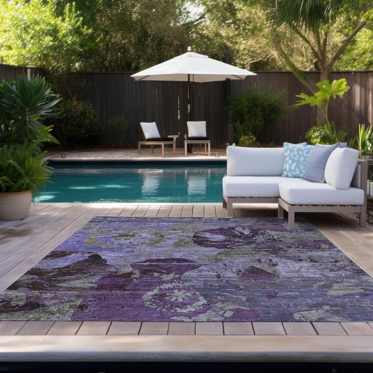 Purple Floral Pattern Washable Synthetic 10' x 14' Area Rug