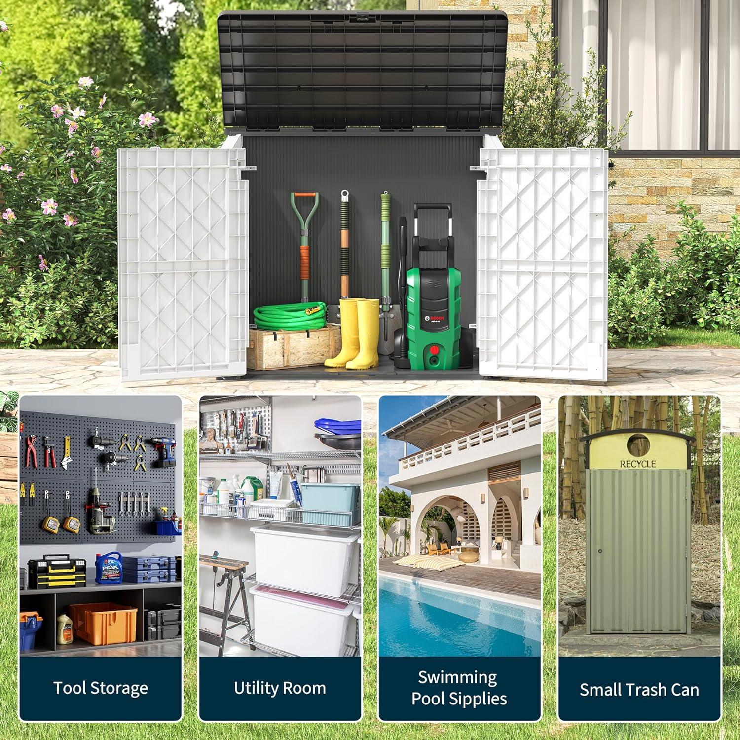 Outdoor Storage Shed 36 Cu. Ft.Horizontal Garden Storage Extra Large Capacity Weather Resistant Storage Box, Lockable Resin Waterproof Shed for Easy Storage of Garbage Cans, Tools, Lawn Mower