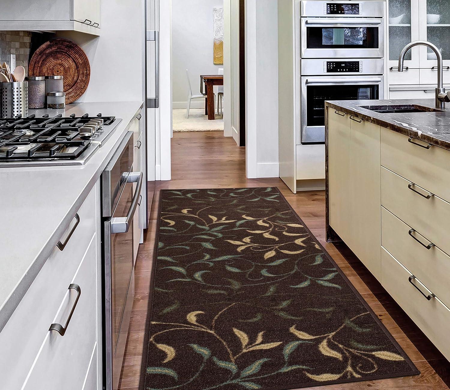 Ottohome Non-Slip Leaves Area Rug For Living Room, Hallway Runner, Entryway Rug, Brown