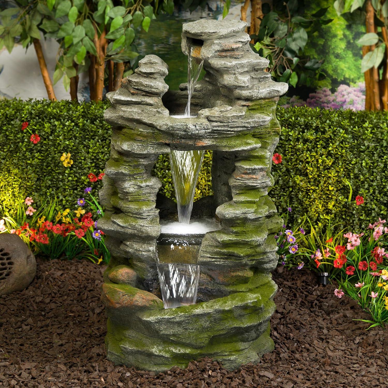 Alpine Corporation 39" Stacked Stone Rainforest Fountain: Polyresin, LED-Lit, Outdoor Decor