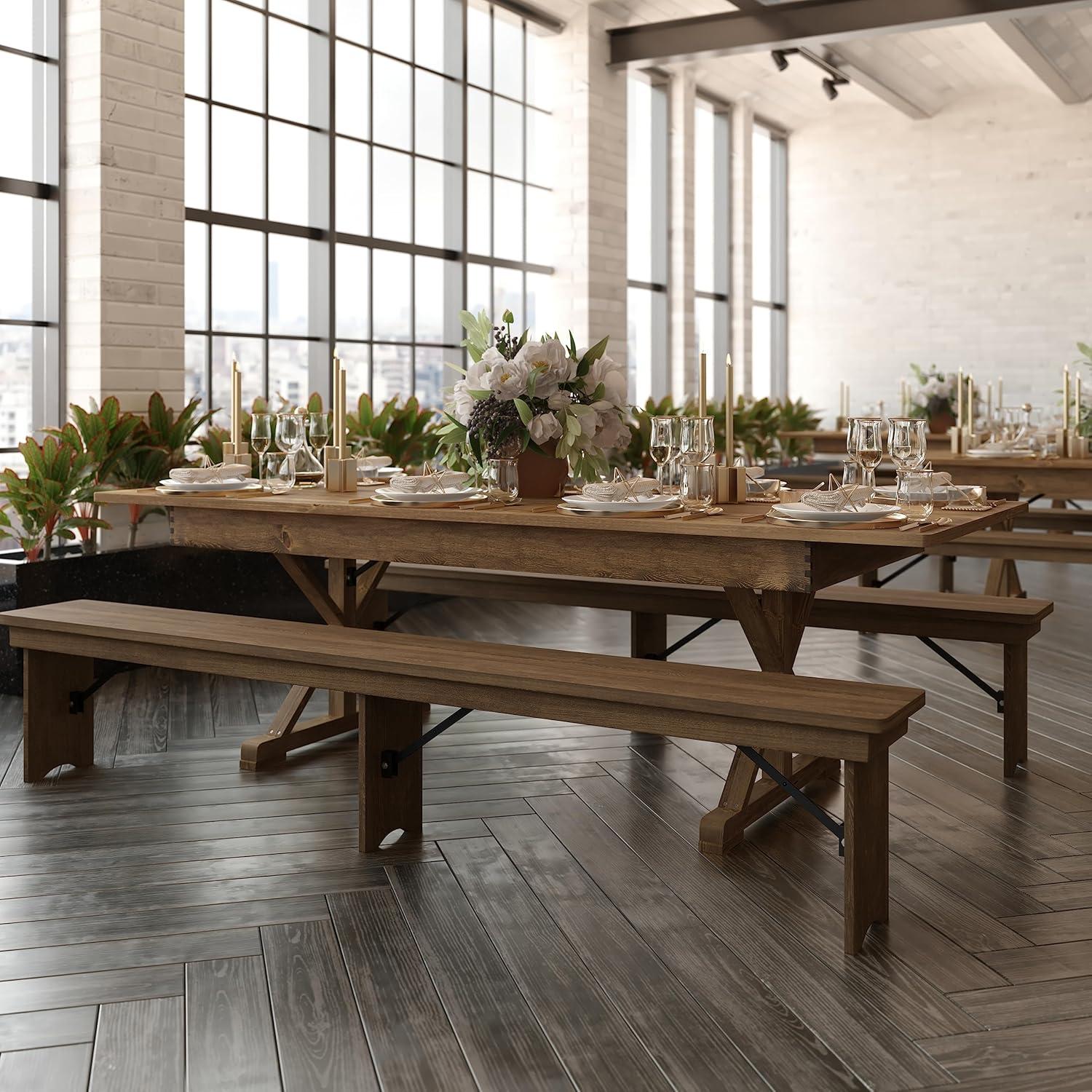 Rustic Brown Solid Pine Rectangular Dining Table with X-Legs