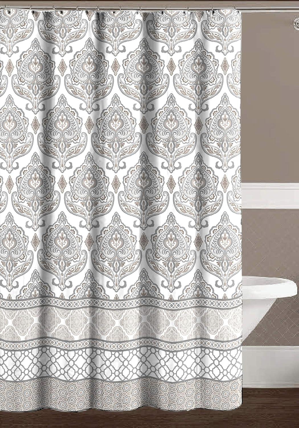Grey Taupe White Fabric Shower Curtain: Floral Damask with Geometric Border Design (Darian) New Without Packaging 70" x 72" inches.