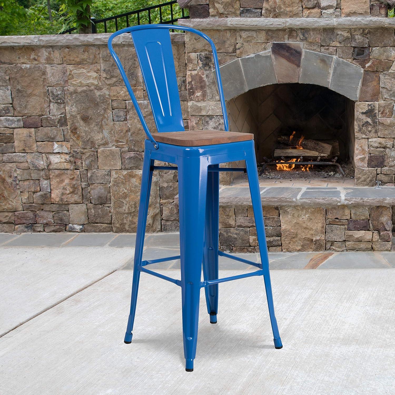Emma and Oliver 30"H Blue Metal Barstool with Back and Wood Seat