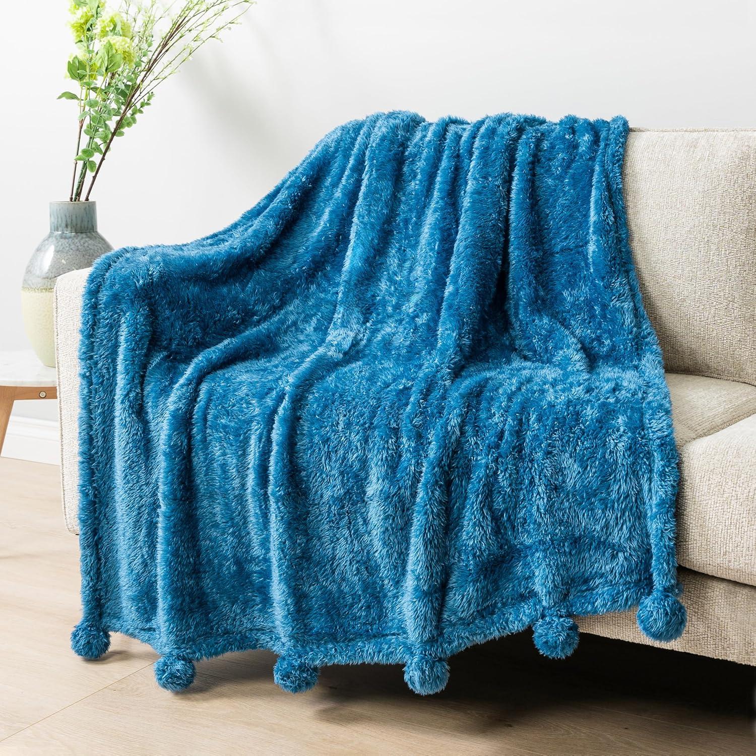 PAVILIA Fluffy Throw Blanket with Pompom, Lightweight Soft Plush Cozy Warm Pom Pom Fringe for Couch Sofa Bed