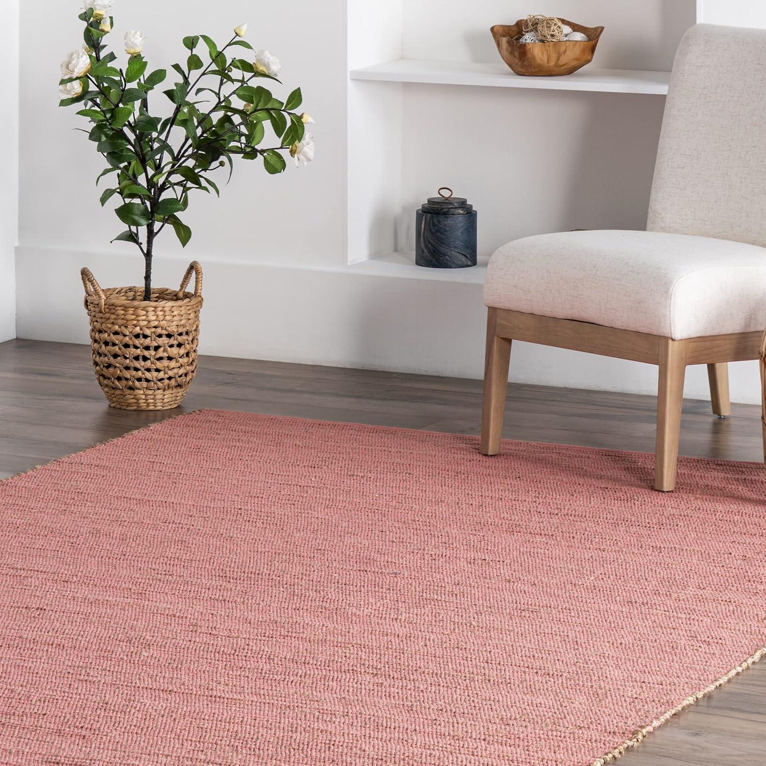 Nuloom 4x6 Elfriede Jute & Cotton Hand Woven Indoor Area Rug, Pink, Solid Rustic Farmhouse Style Natural Fiber Bedroom, Living Room,
