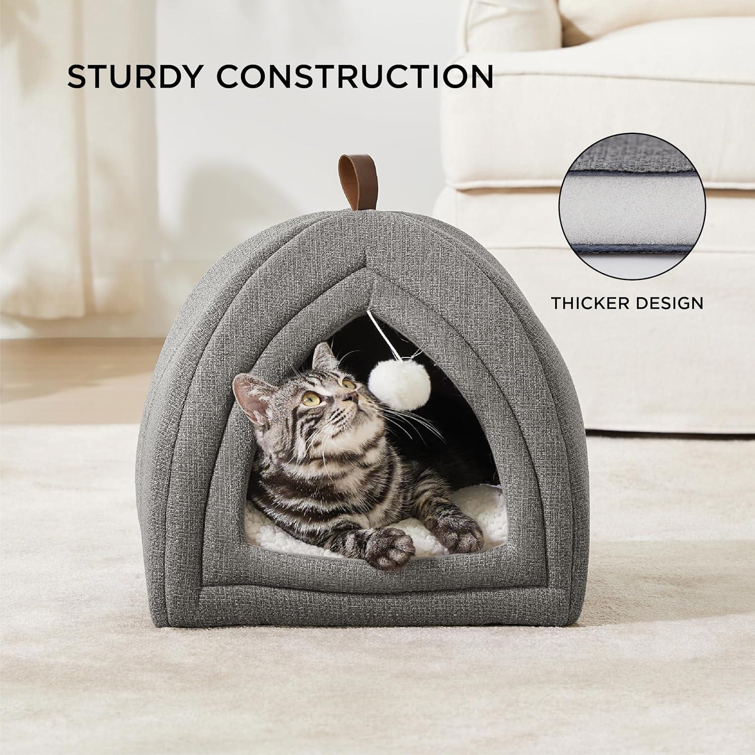 Bedsure Cat Beds for Indoor - 2 in 1 Cat Cave House Tent for Kittens and Small Pets with Removable Washable Cushioned Pillow, Foldable Kitten Hideaway with Non-Slip Bottom, Grey, 16 inches