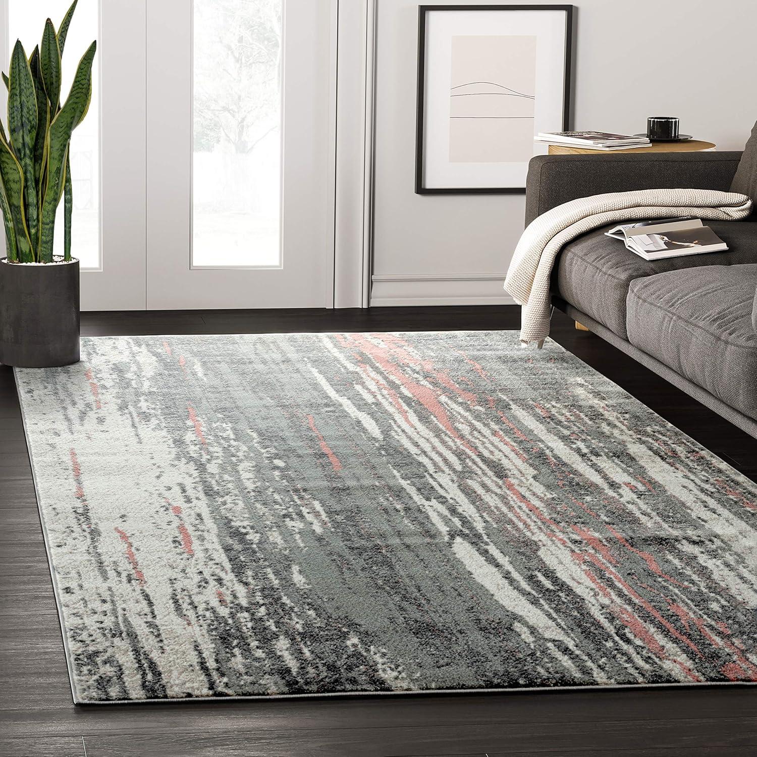 Abani Laguna Grey Pink Drip Lines 4' x 6' 4' x 6'