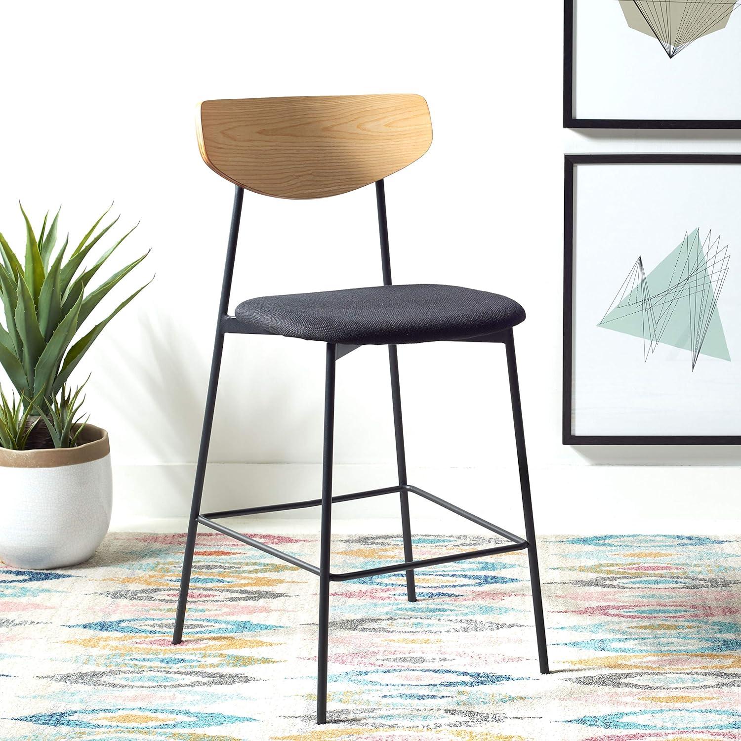 Mid-Century Oak and Black Iron Saddle Counter Stool