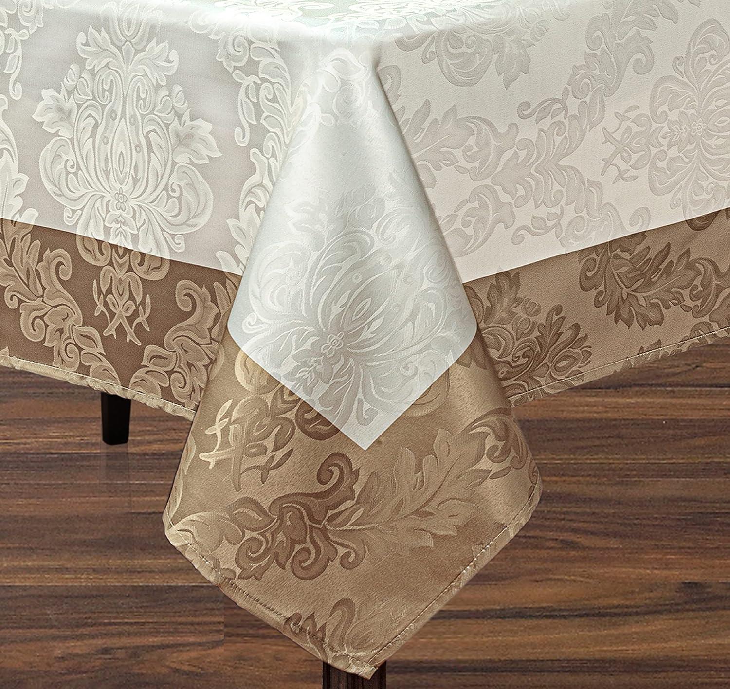 Newbridge Valencia Two Tone Bordered Damask Fabric Tablecloth, Wrinkle and Stain Resistant Fine Dining Holiday Hotel Quality Tablecloth, 52 Inch x 70 Inch Oblong/Rectangle, Antique Ivory/Gold