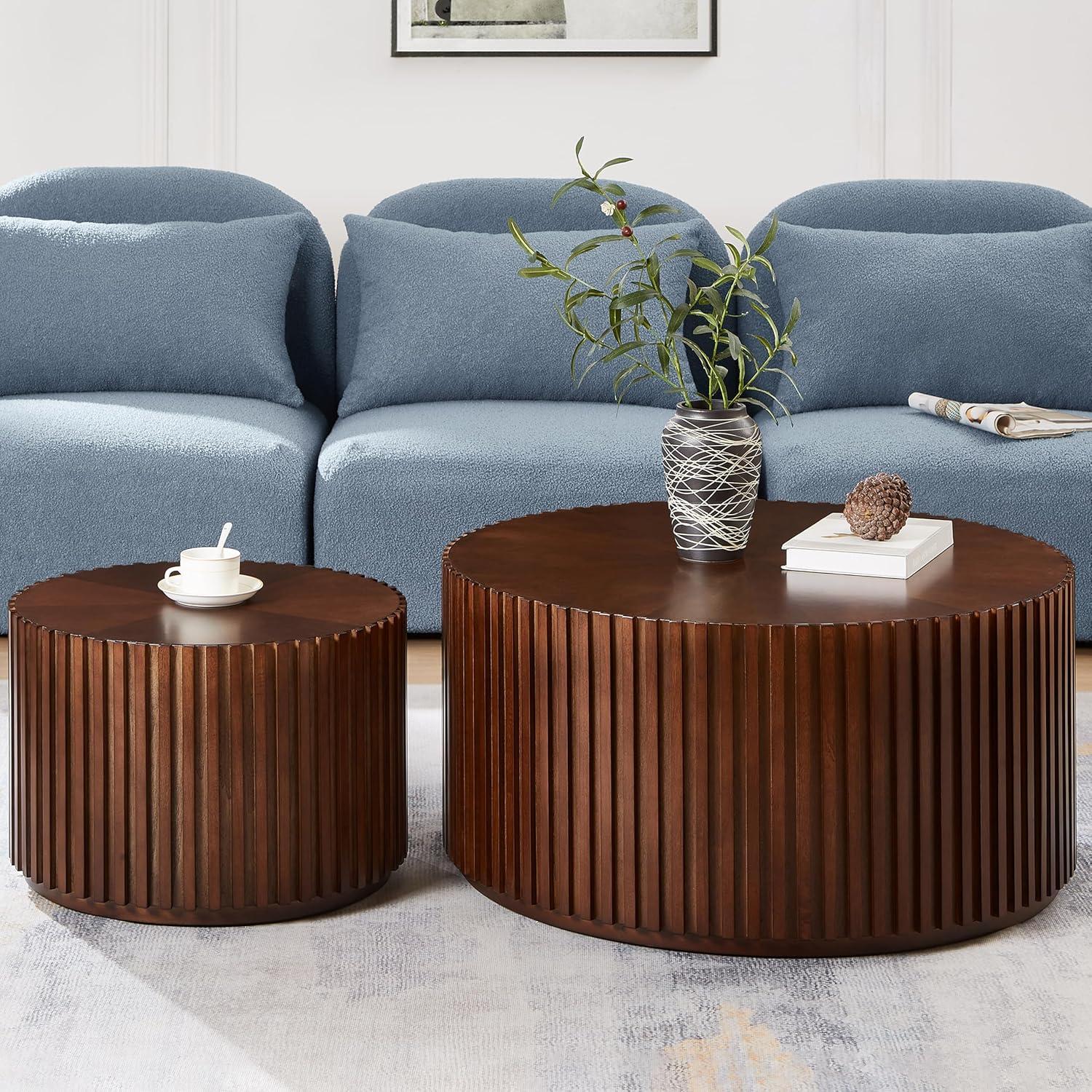 Handcrafted Deep Brown Round MDF Coffee Table Set of 2