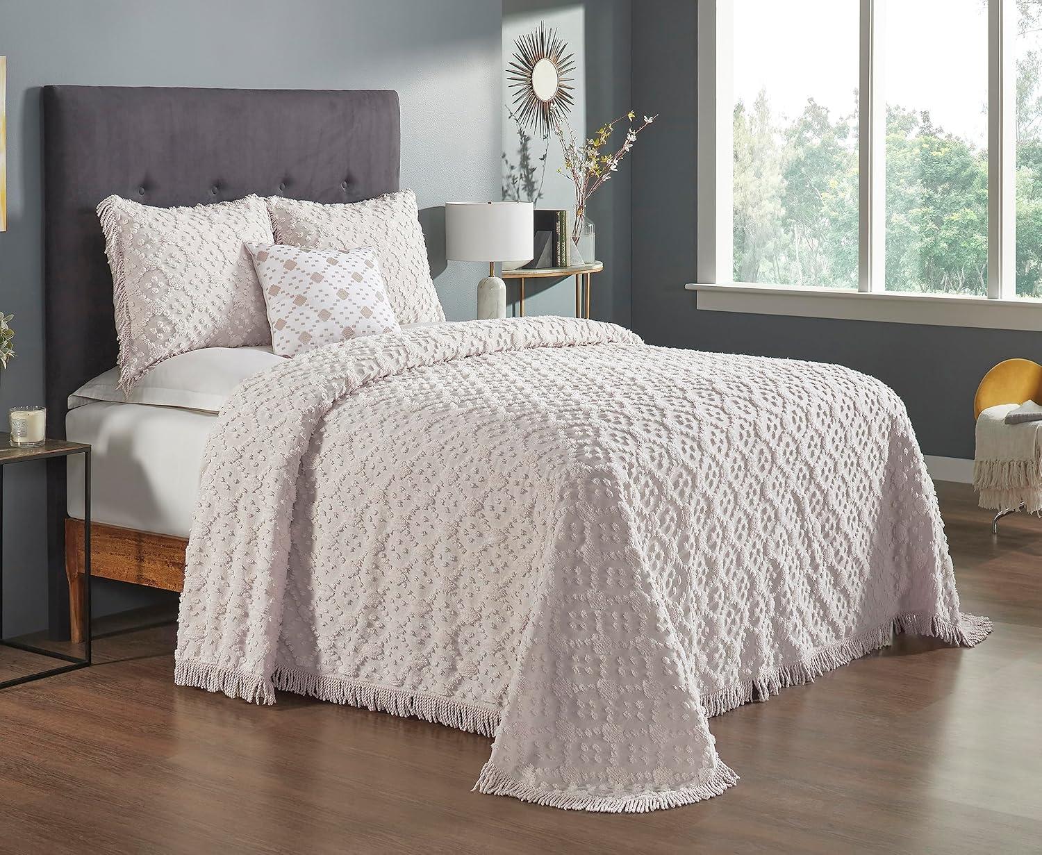 Better Trends Charleston Collection 100% Cotton Bedding sets, Machine Washable Soft and Breathable 4-piece Chenille Bedspread & Sham with Geometric Embroidery, All season