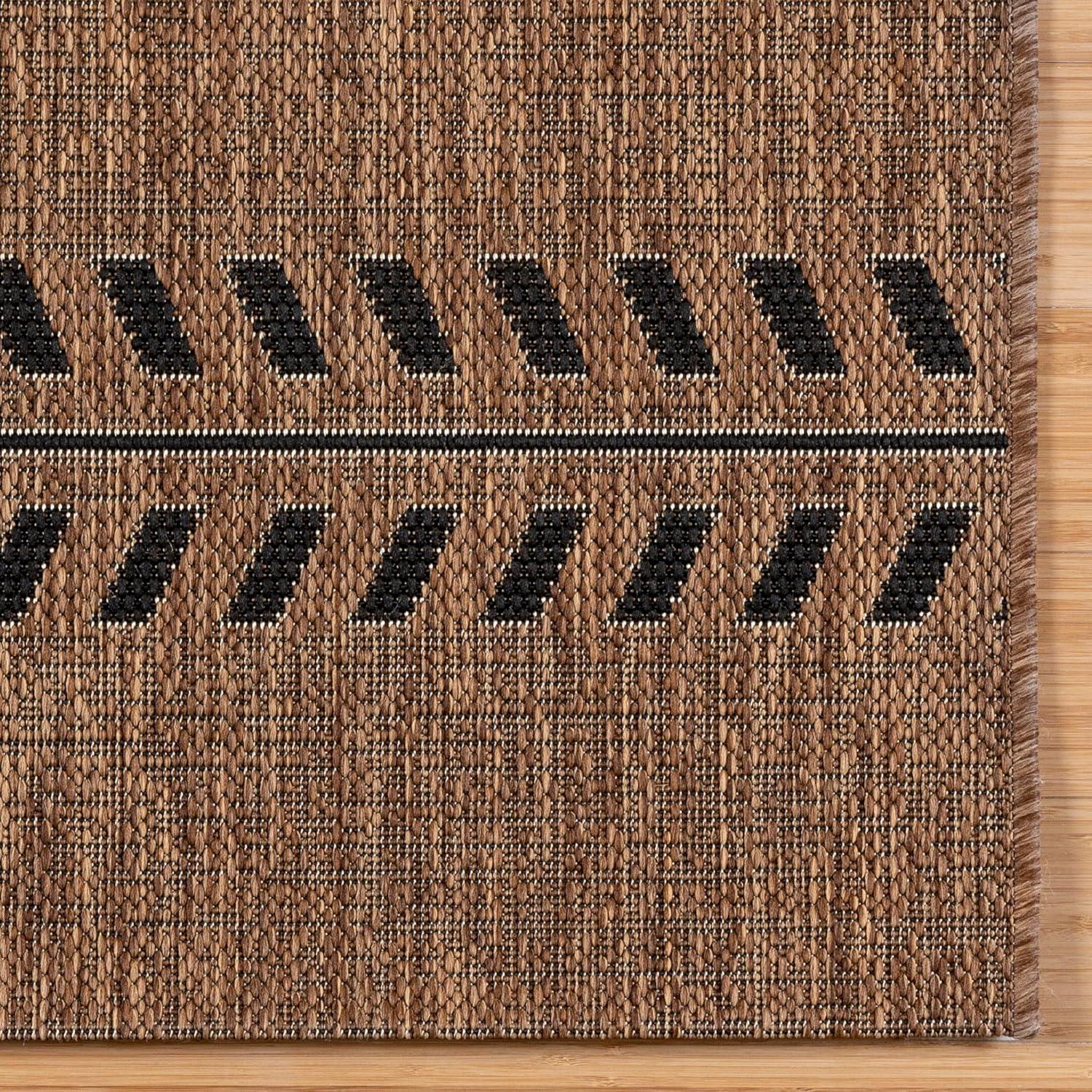 Paseo Moran Leaf Casual Coastal Striped Havana Brown Black Polypropylene Flatweave Indoor Outdoor Area Rug