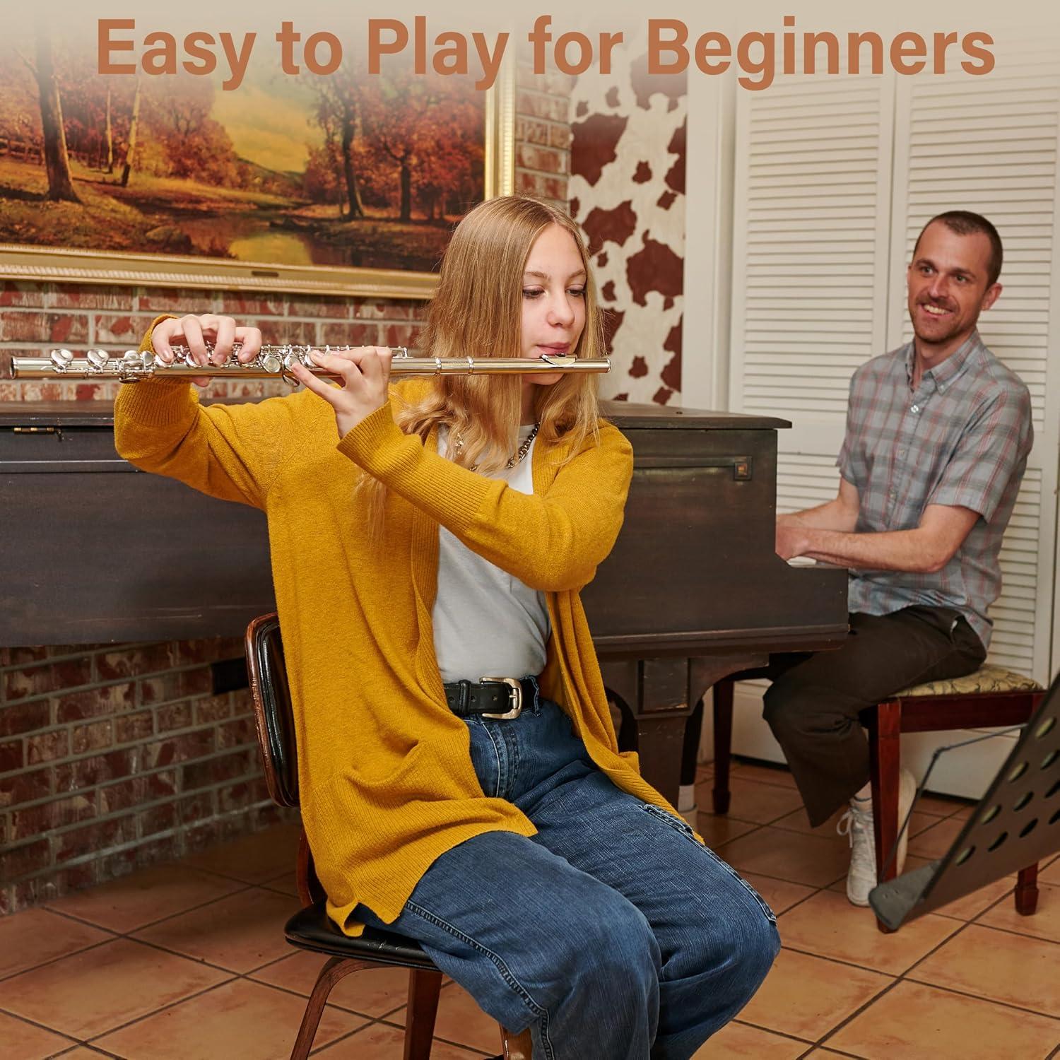 Mendini By Cecilio Flute, 16 Keys C Flute Instrument Closed Hole For Beginners with Carrying Case, Cork Grease, Stand, Lesson Book, Cleaning Kit, Gloves (Black)