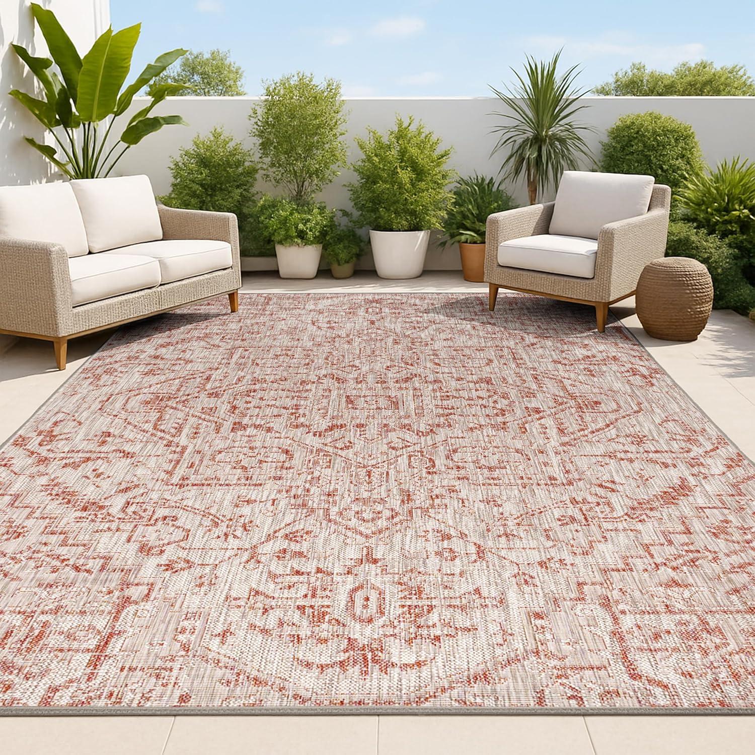 8'x10' Estrella Bohemian Medallion Textured Weave Indoor/Outdoor Area Rug, Red/Taupe - JONATHAN Y