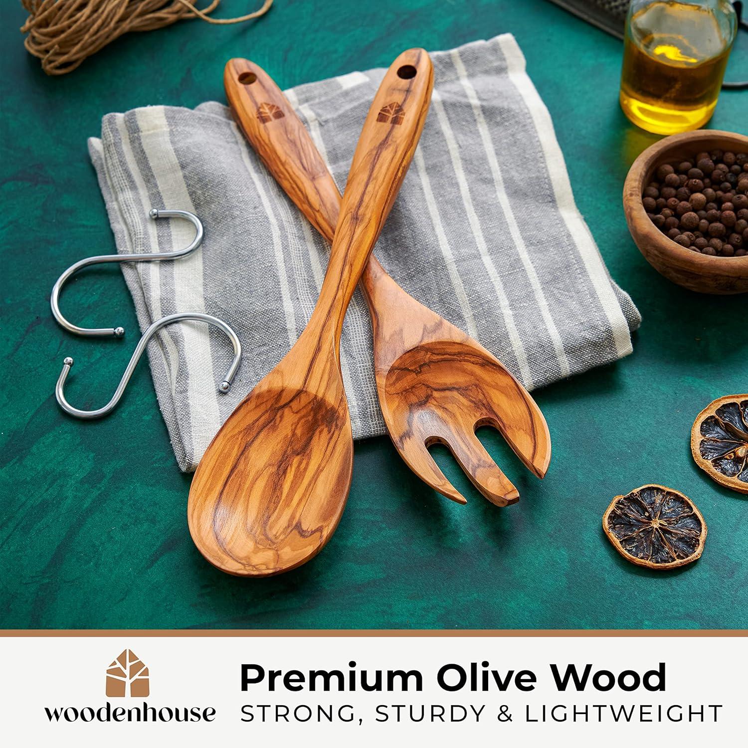 12-inch Natural Olive Wood Salad Tongs and Fork Set