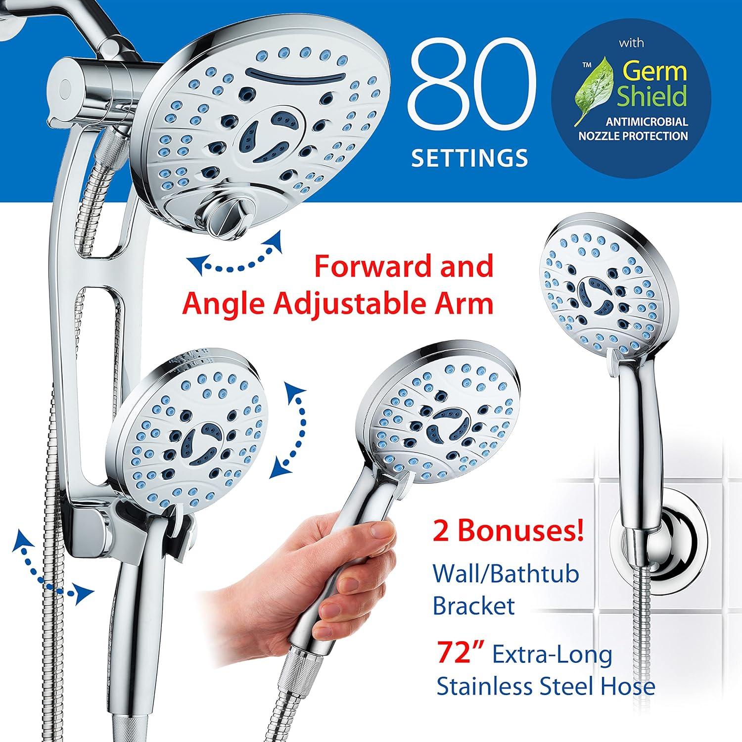 Hotel Spa AquaCare As-Seen-On-TV High Pressure Handheld/Rain 80-mode 3-way Shower Head Combo with Adjustable Arm - Anti-clog Nozzles, Tub & Pet Power Wash, 6 ft. Hose, All Chrome Finish