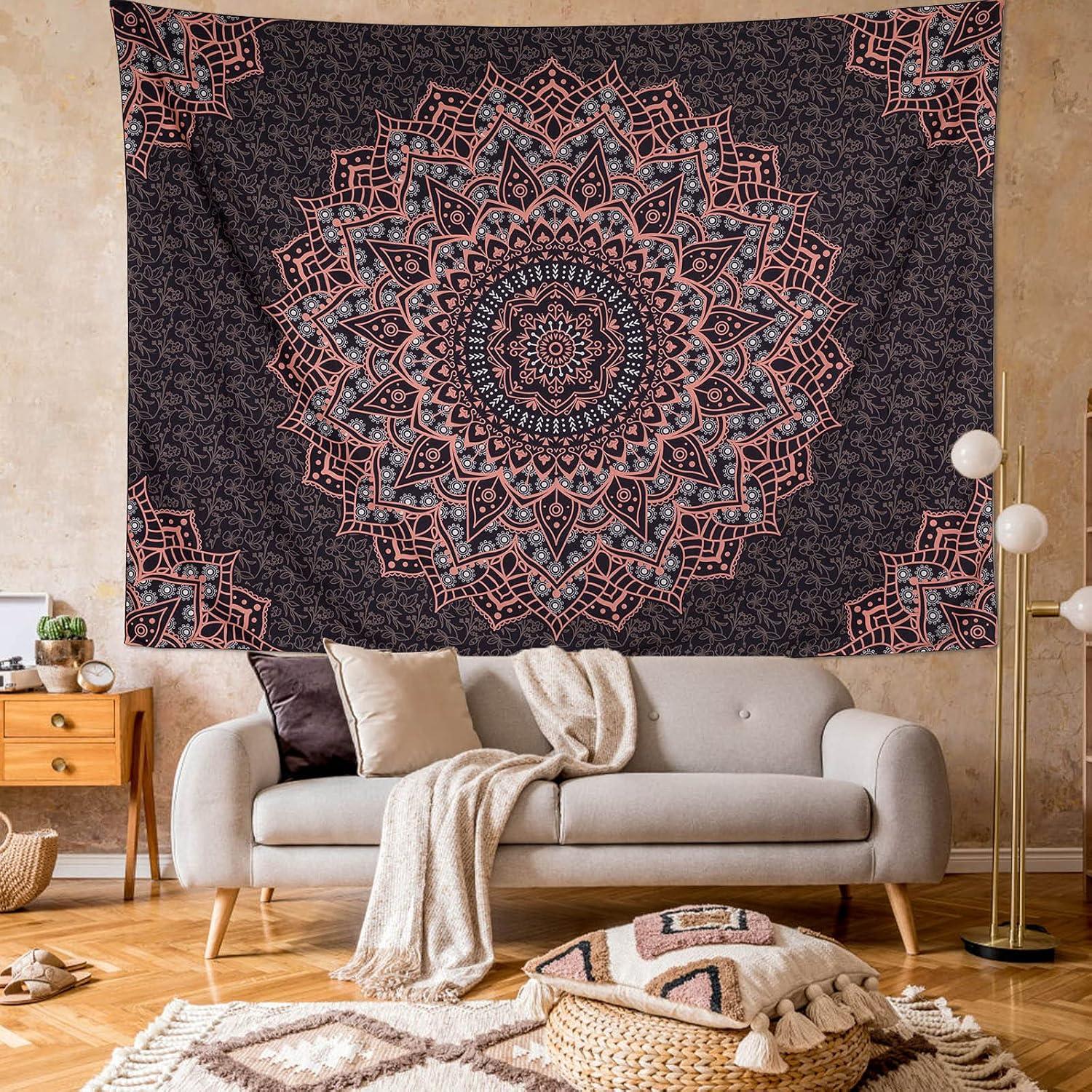 Black and Pink Mandala Polyester Bohemian Tapestry