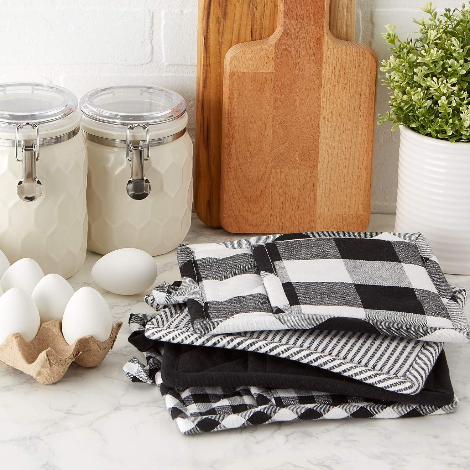 Black and White Gingham Cotton Pot Holder Set