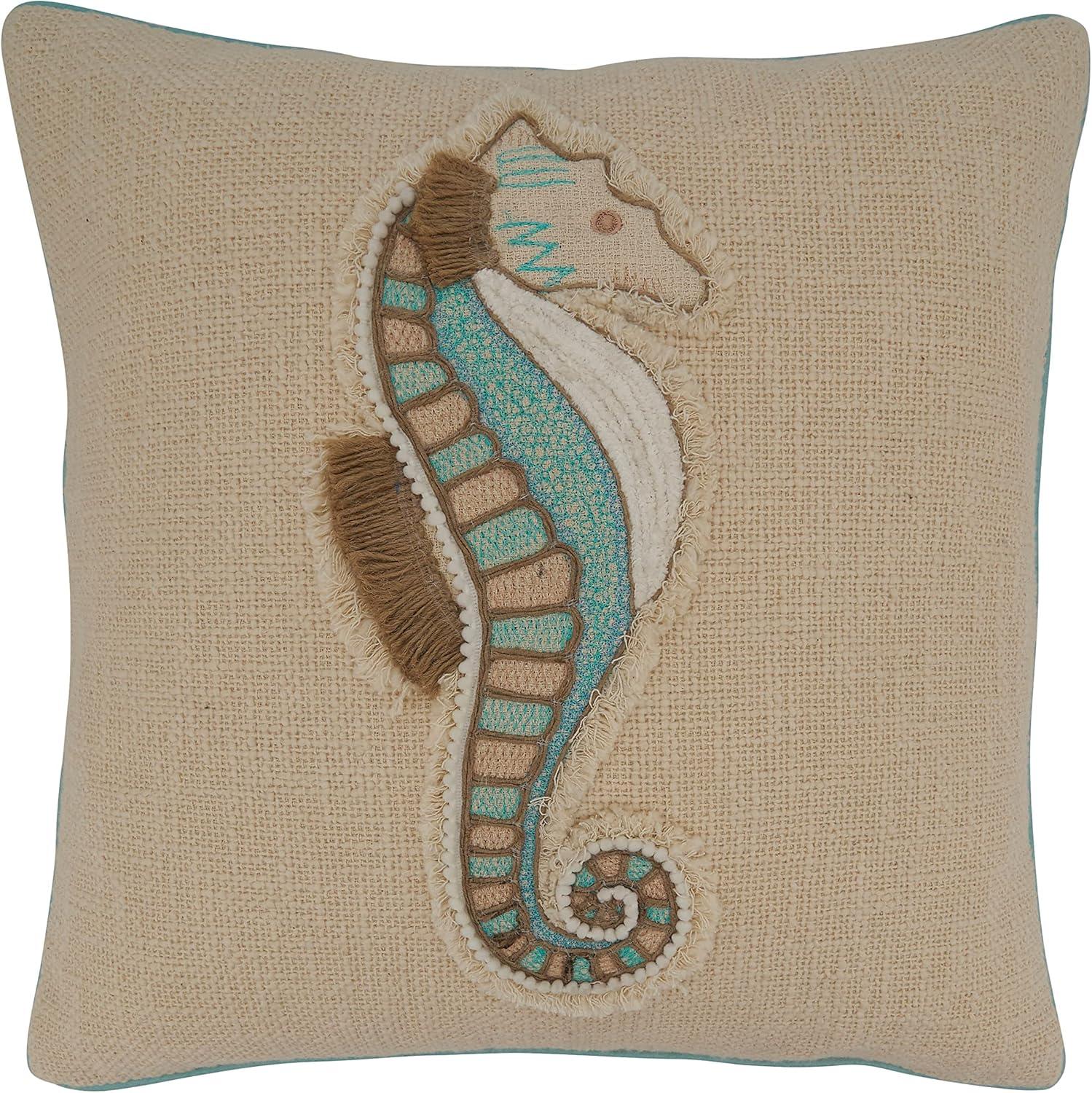 Aqua Embroidered Sea Horse Cotton Square Pillow