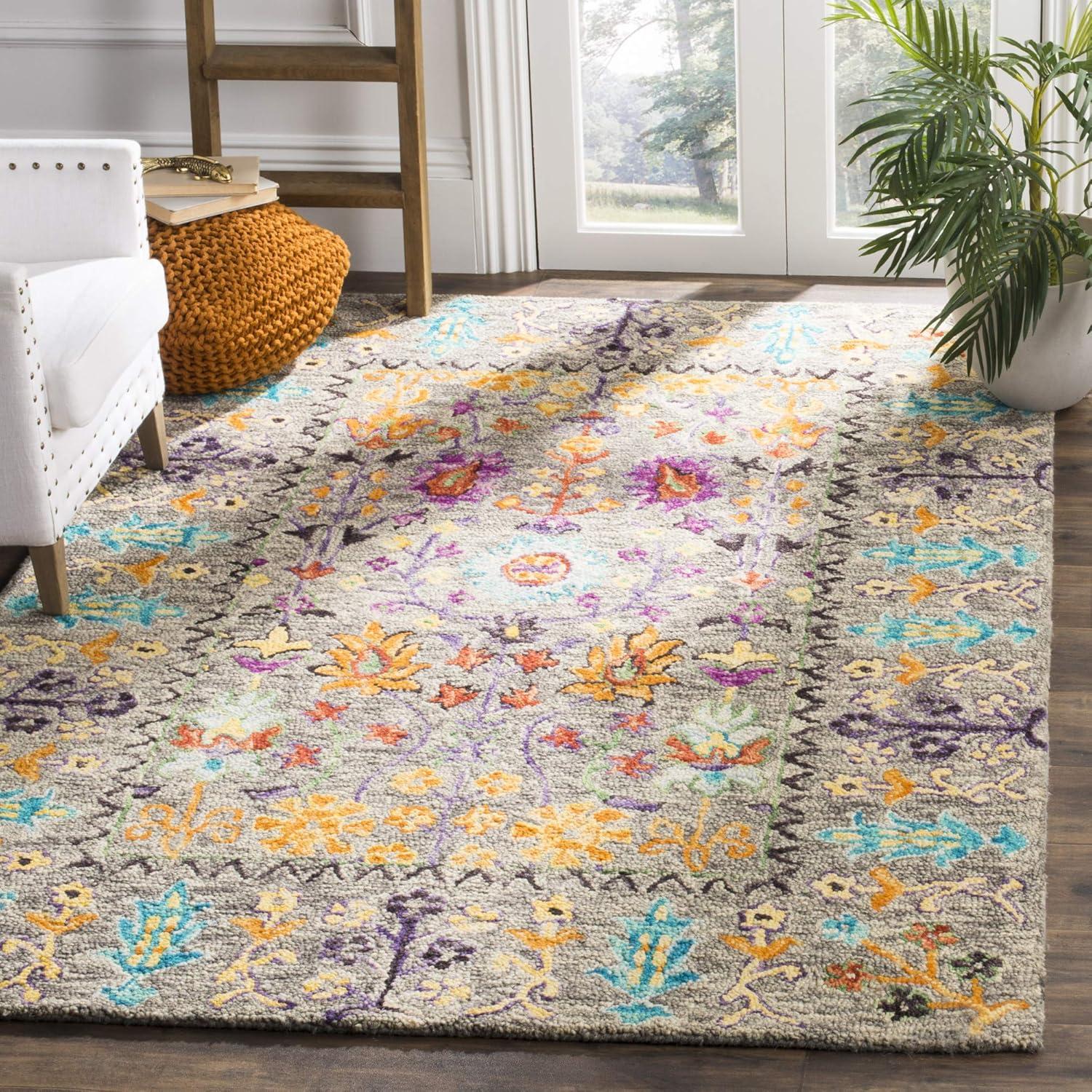 SAFAVIEH Blossom Hamilton Floral Wool Fringed Area Rug, Grey/Multi, 5' x 8'