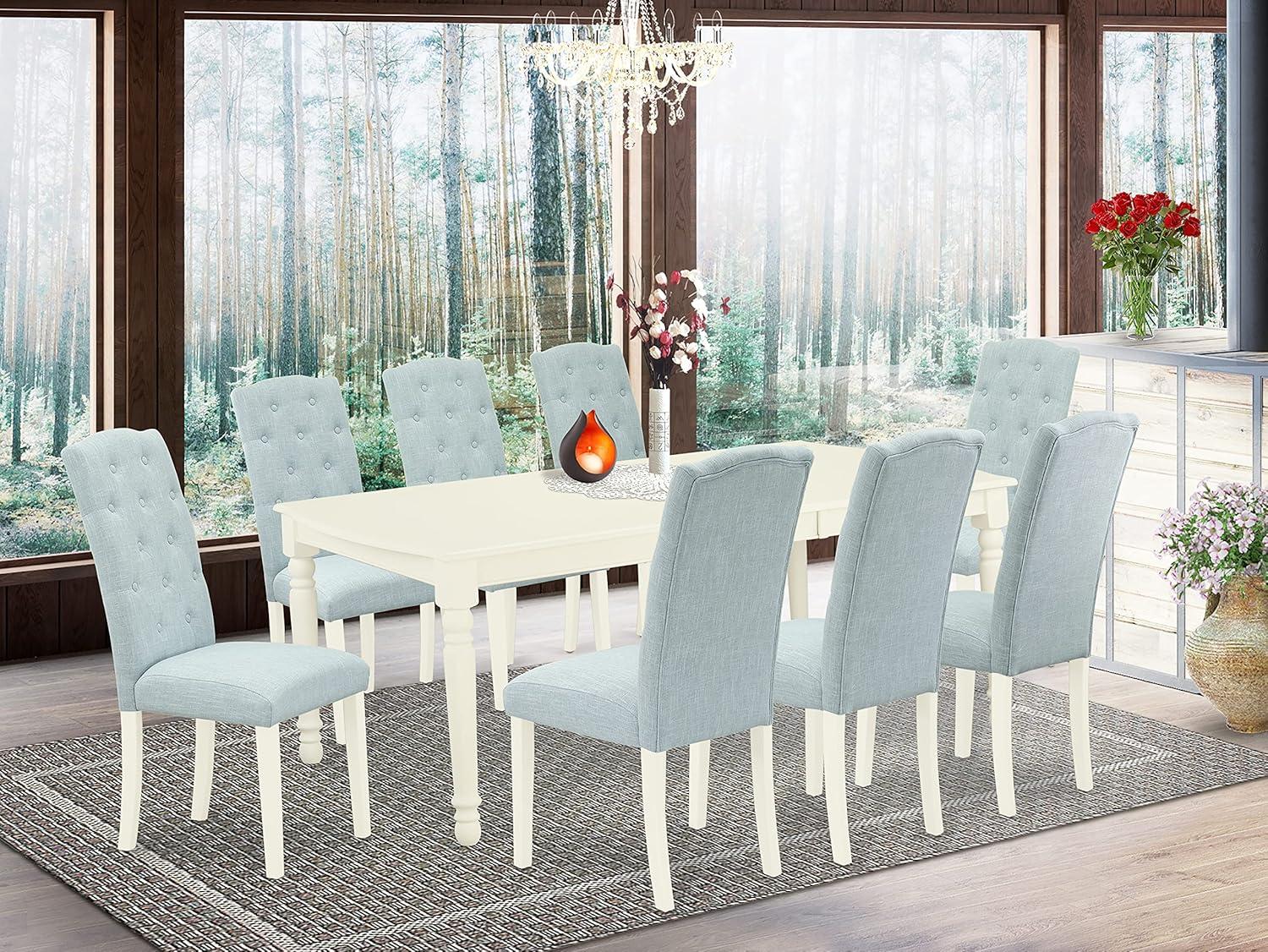 Linen White Rectangular Dining Set with Baby Blue Parson Chairs