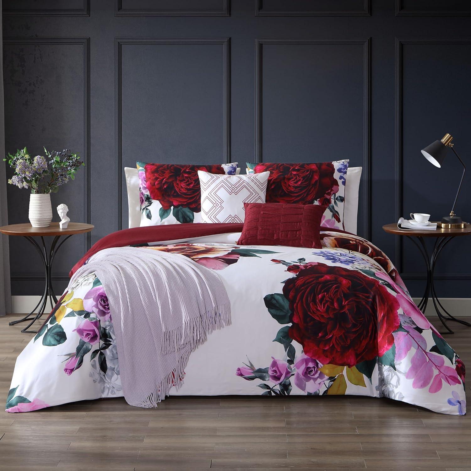 BeBeJan Bebejan Magenta Floral 100% Cotton Sateen 5 Piece Reversible Comforter Set