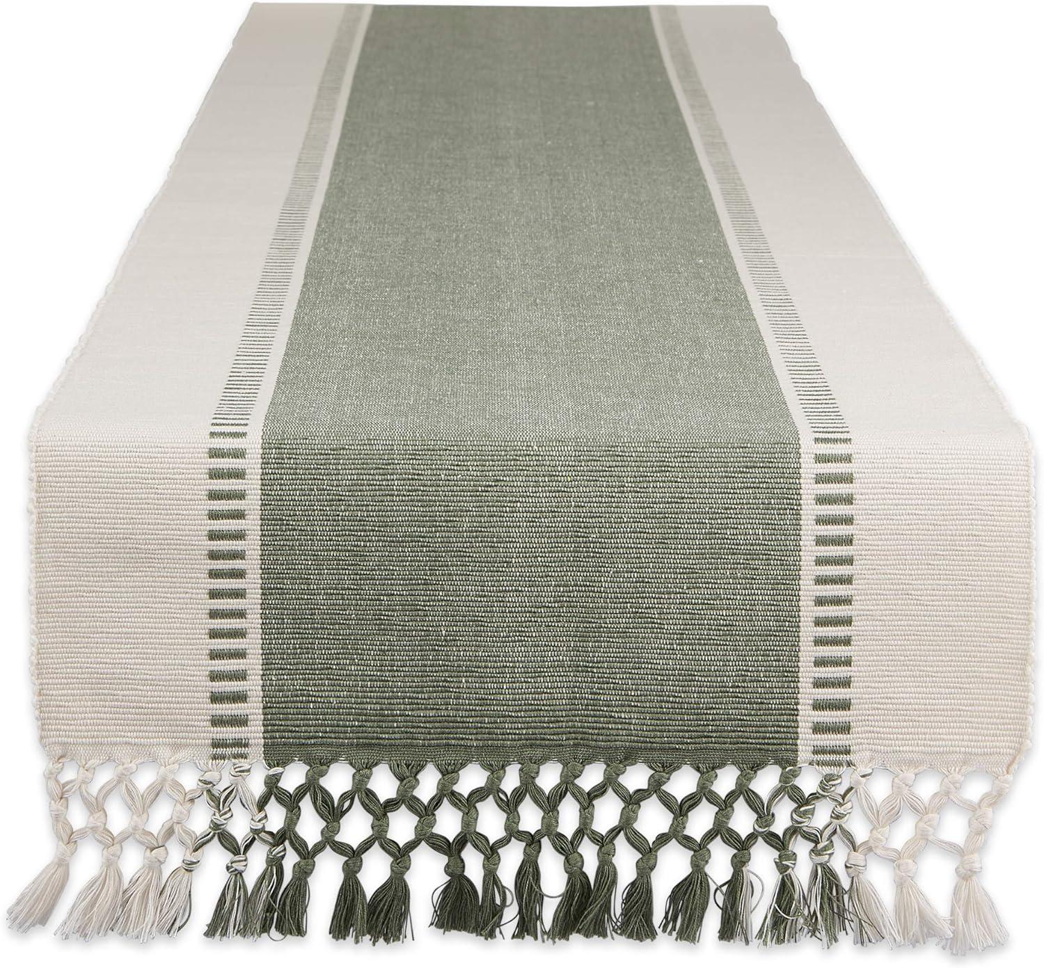 Artichoke Green and Off-White Cotton Dobby Stripe Table Runner 13x108"