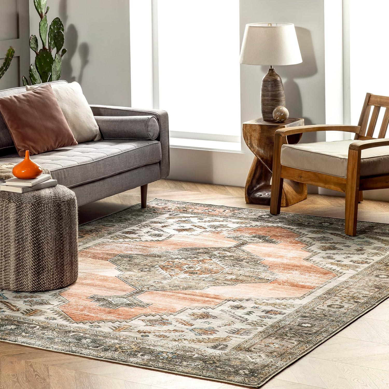 Peach Medallion Easy-Care Rectangular Synthetic Rug