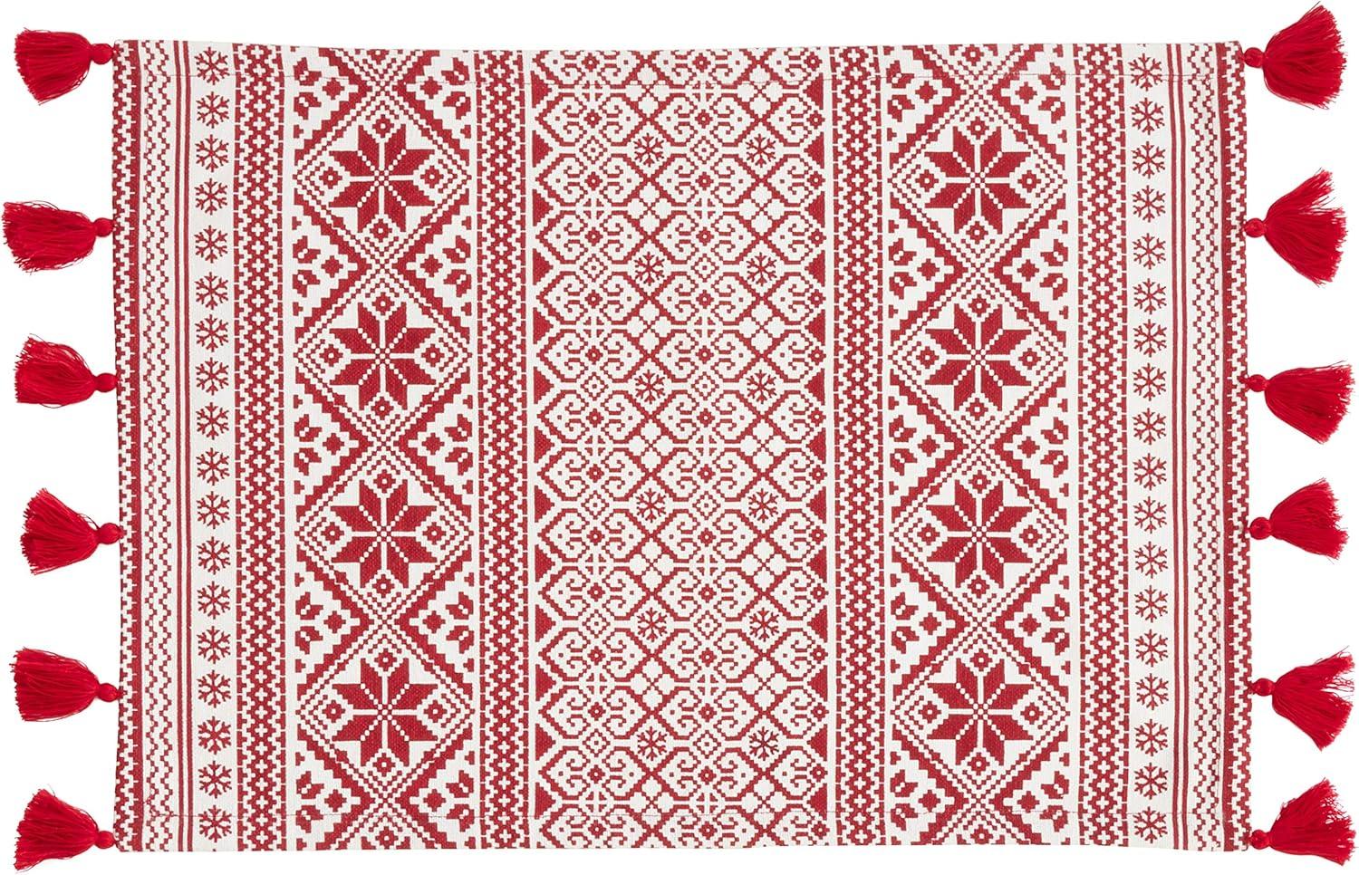 Red and White Cotton Christmas Pattern Placemats with Tassels, Set of 4