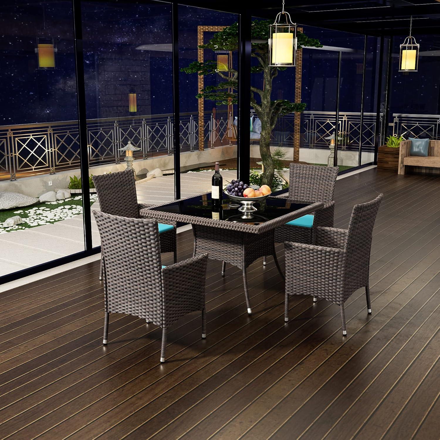 5-Piece Blue Rattan Wicker Patio Dining Set with Glass Table