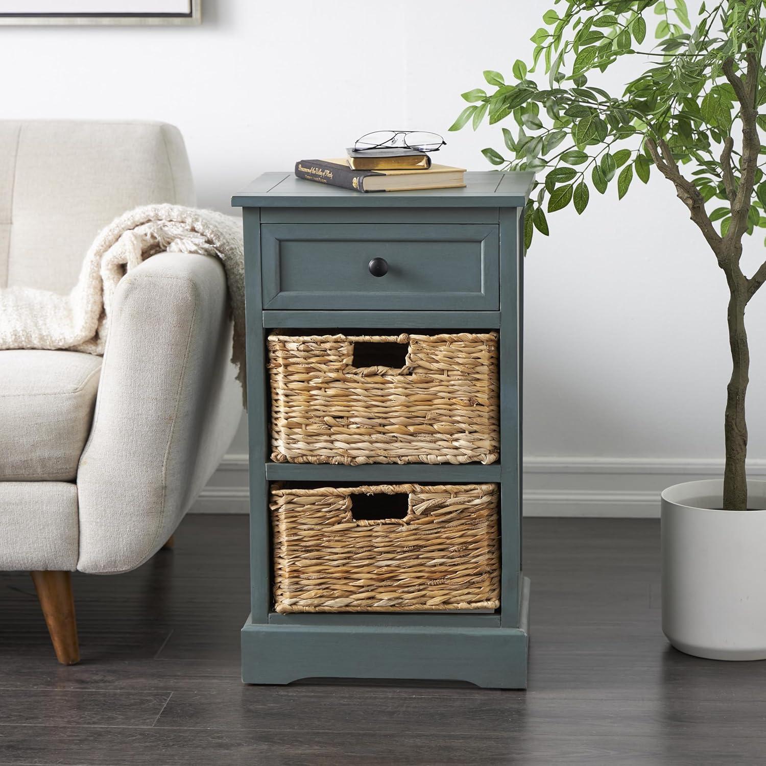 Olivia & May Wood Side Table with Storage and Basket Drawers White: Mid-Century Modern, No Assembly Required, Includes Anti-Tip Hardware