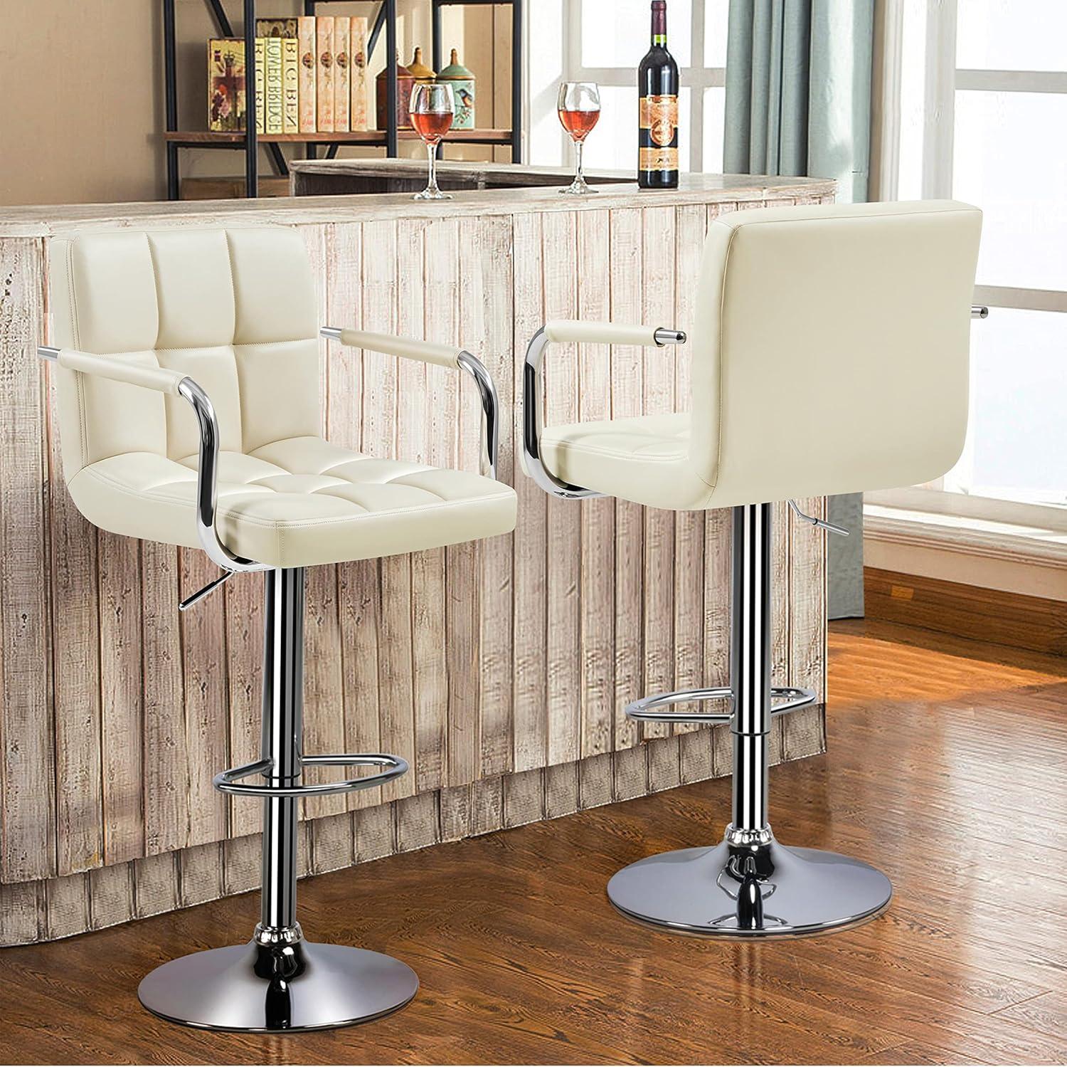 MoNiBloom Swivel Bar Stools Set of 2, Kitchen Counter Square Island Height Adjustable Faux Leather Barstool, Beige