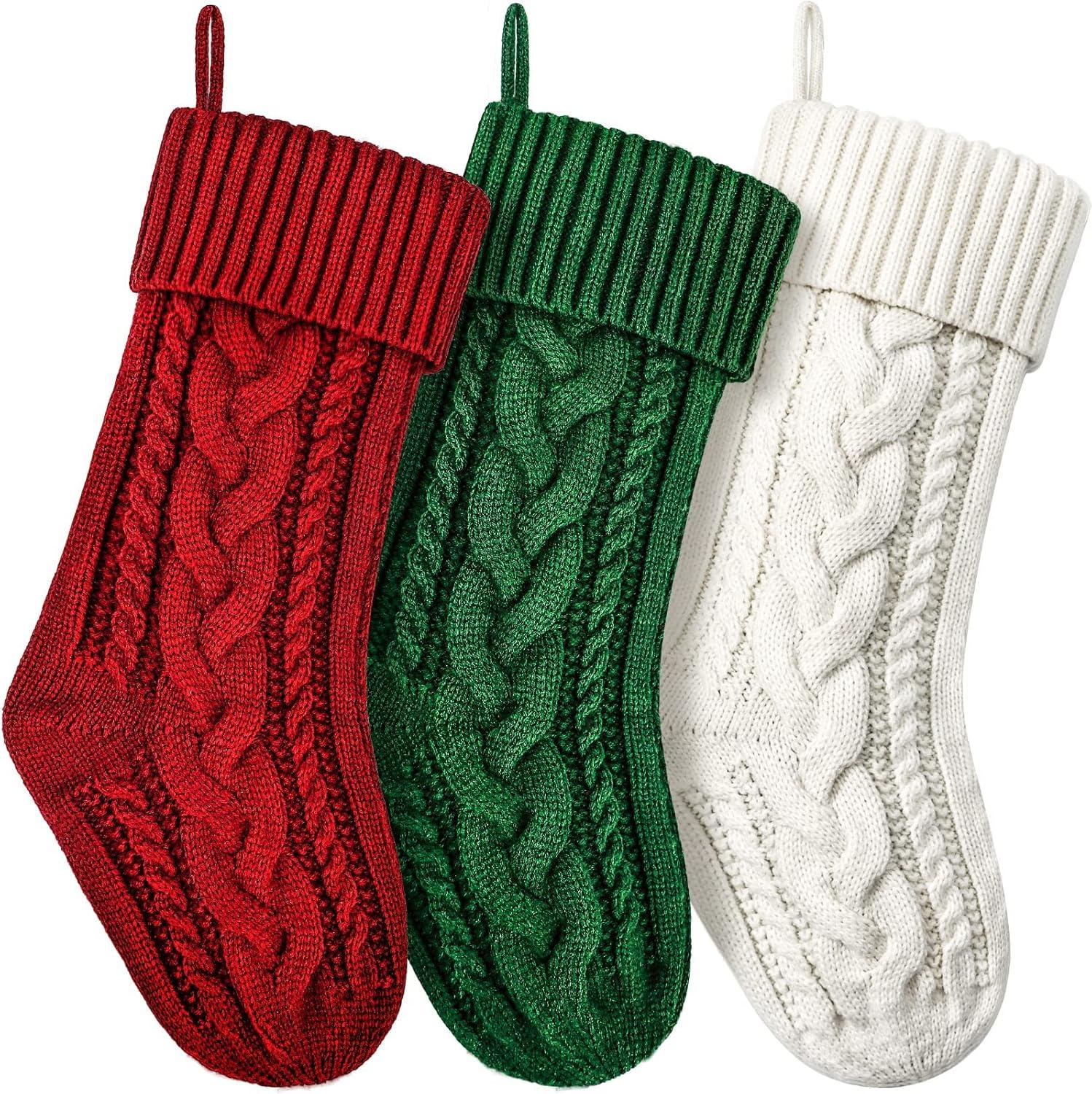 18-Inch Burgundy and Ivory Knit Christmas Stockings Set