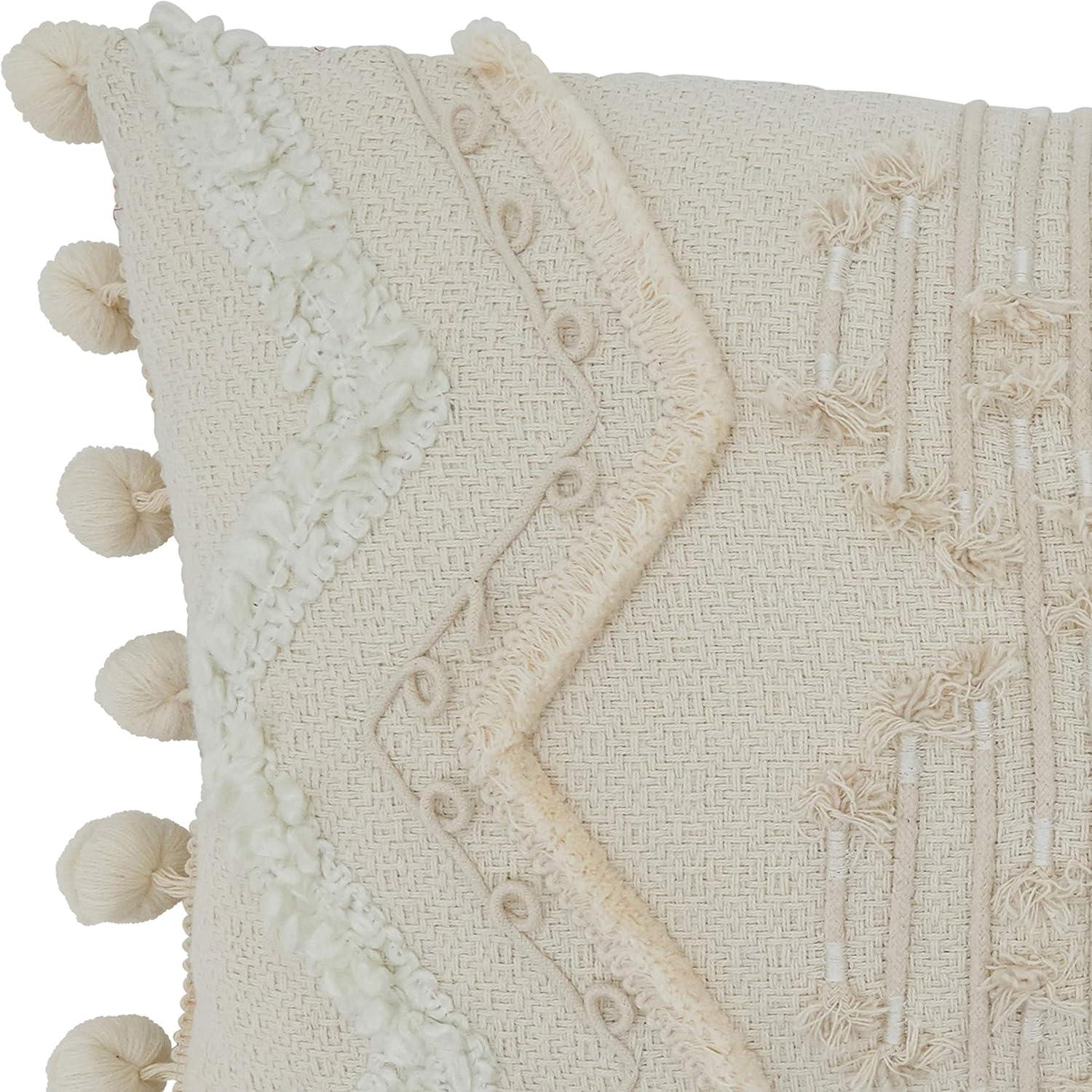 Ivory Cotton Rectangular Throw Pillow with Pom Pom Applique