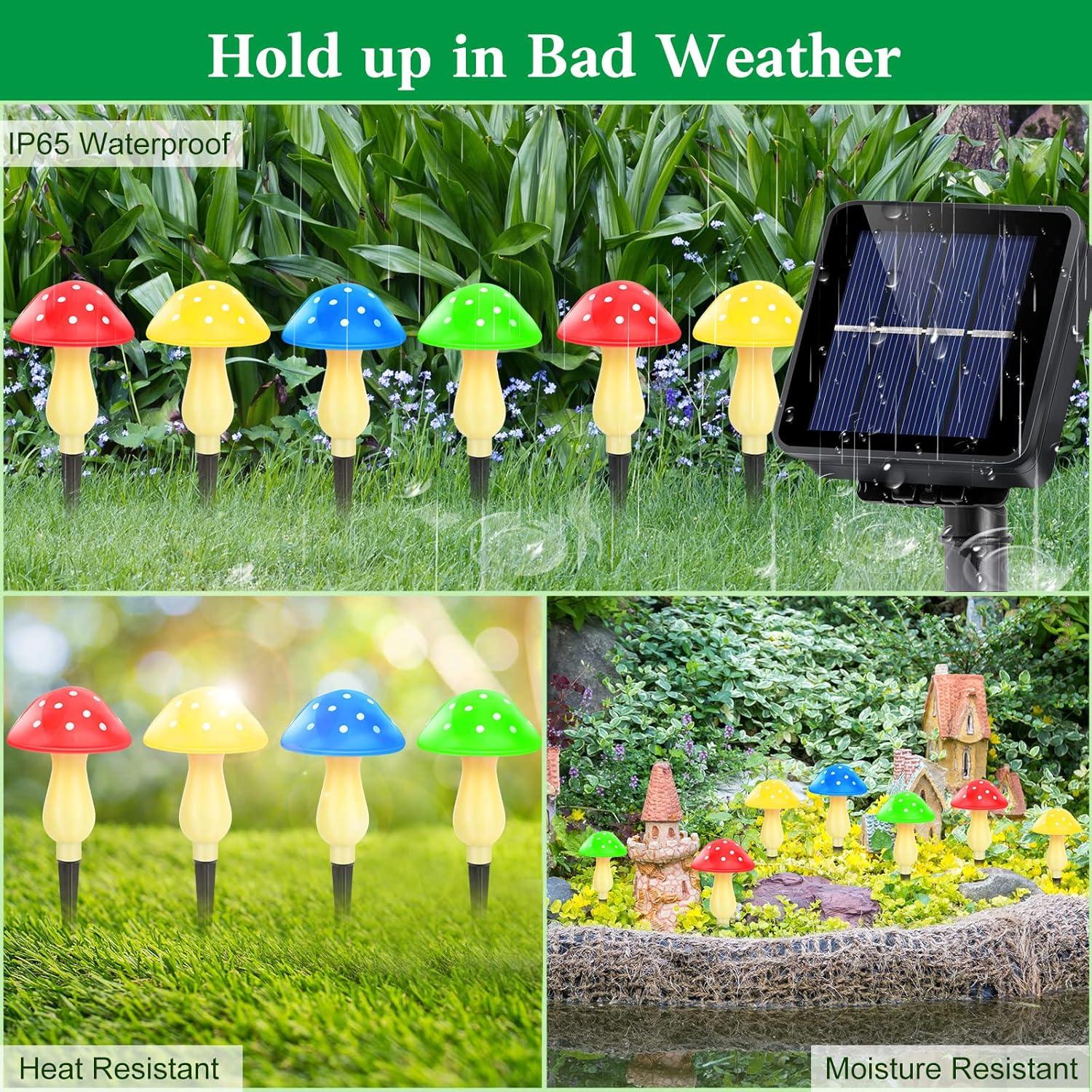 BSJJY New Upgraded Waterproof Solar Mushroom Lights Outdoor Decor, 8 Modes for Garden Pathway Landscape Yard Easter Pathway Halloween Xmas Decorations,2 Green,2 Red,2 Yellow, 1PCS