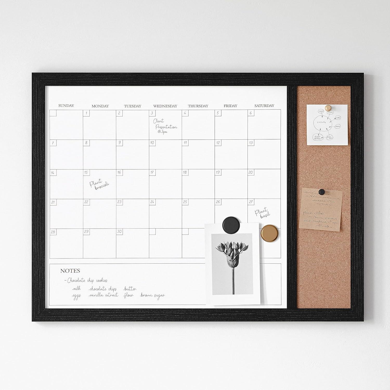 Martha Stewart Everette 24"x18" Magnetic Dry Erase Monthly Calendar and Cork Board Combo with Included Marker, Magnets, and Push Pins, Black Woodgrain Frame