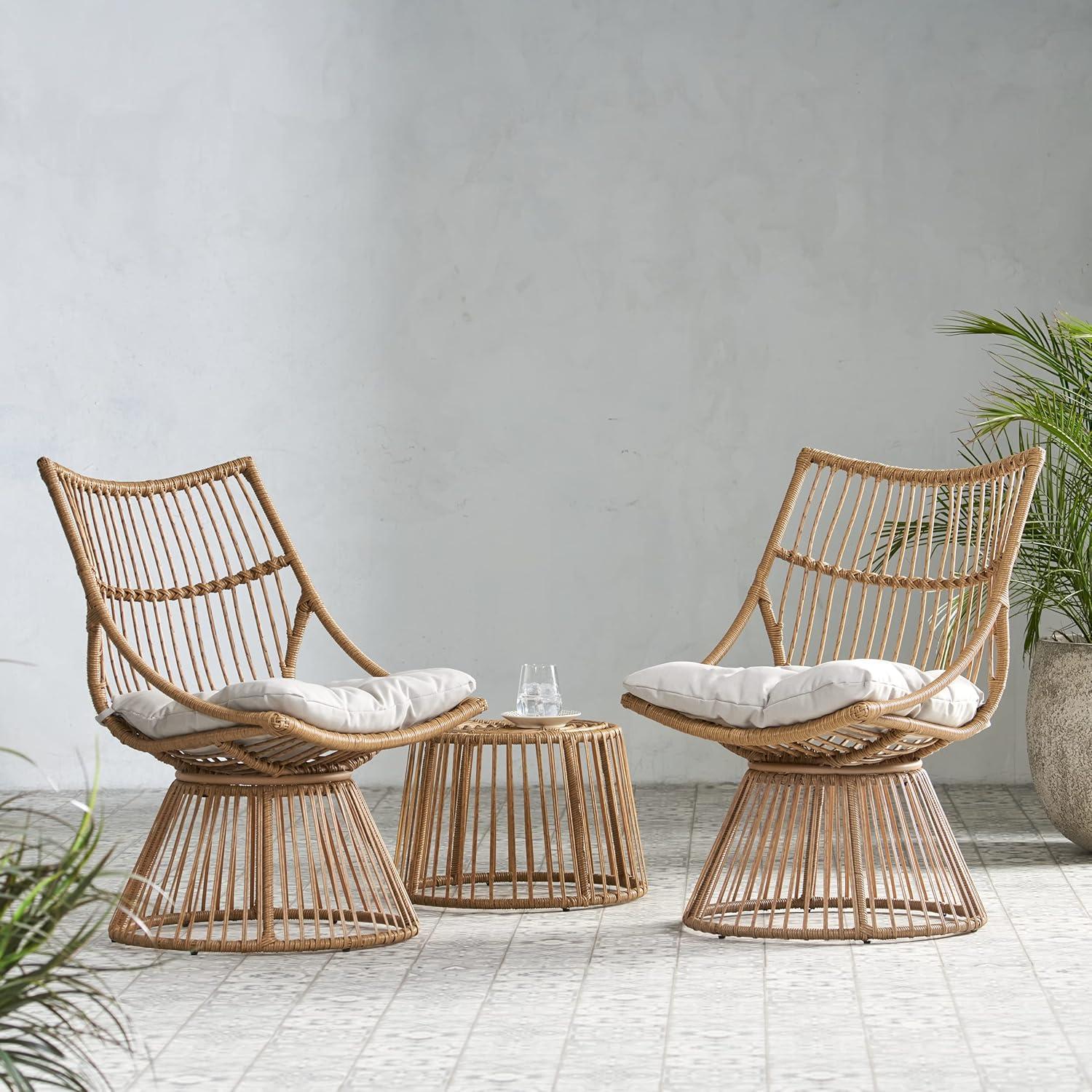 Light Brown and Beige Wicker 2-Person Outdoor Chat Set