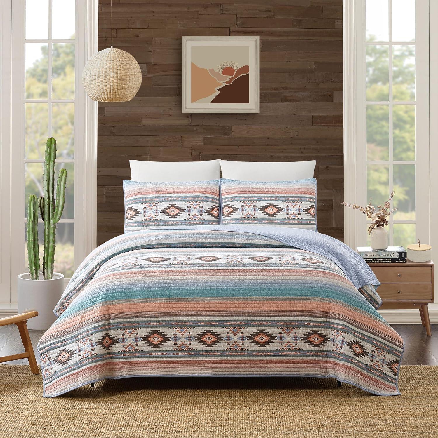 Sunset Canyon Cotton Bedding - Blue/Coral/Beige Quilt Set