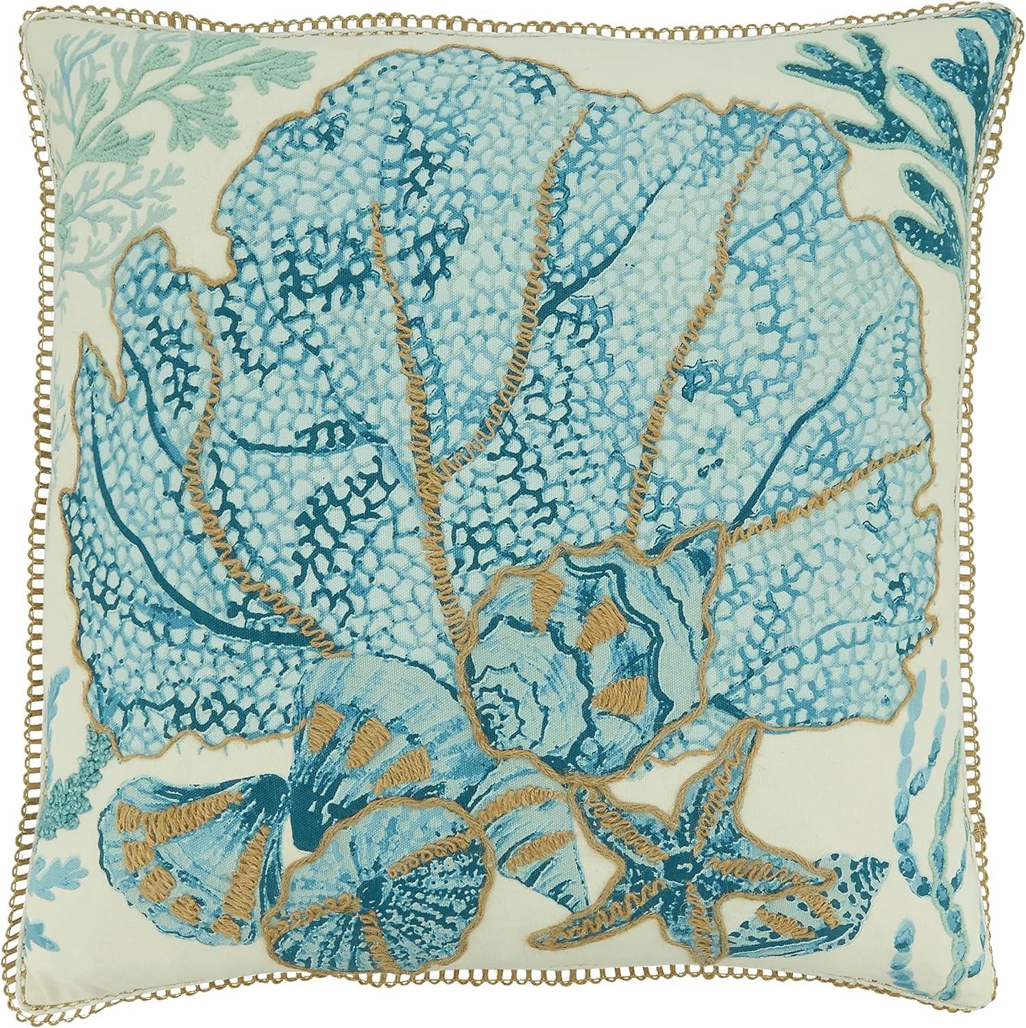 Aqua and Beige Cotton Sea Fan Pillow Cover, 20"