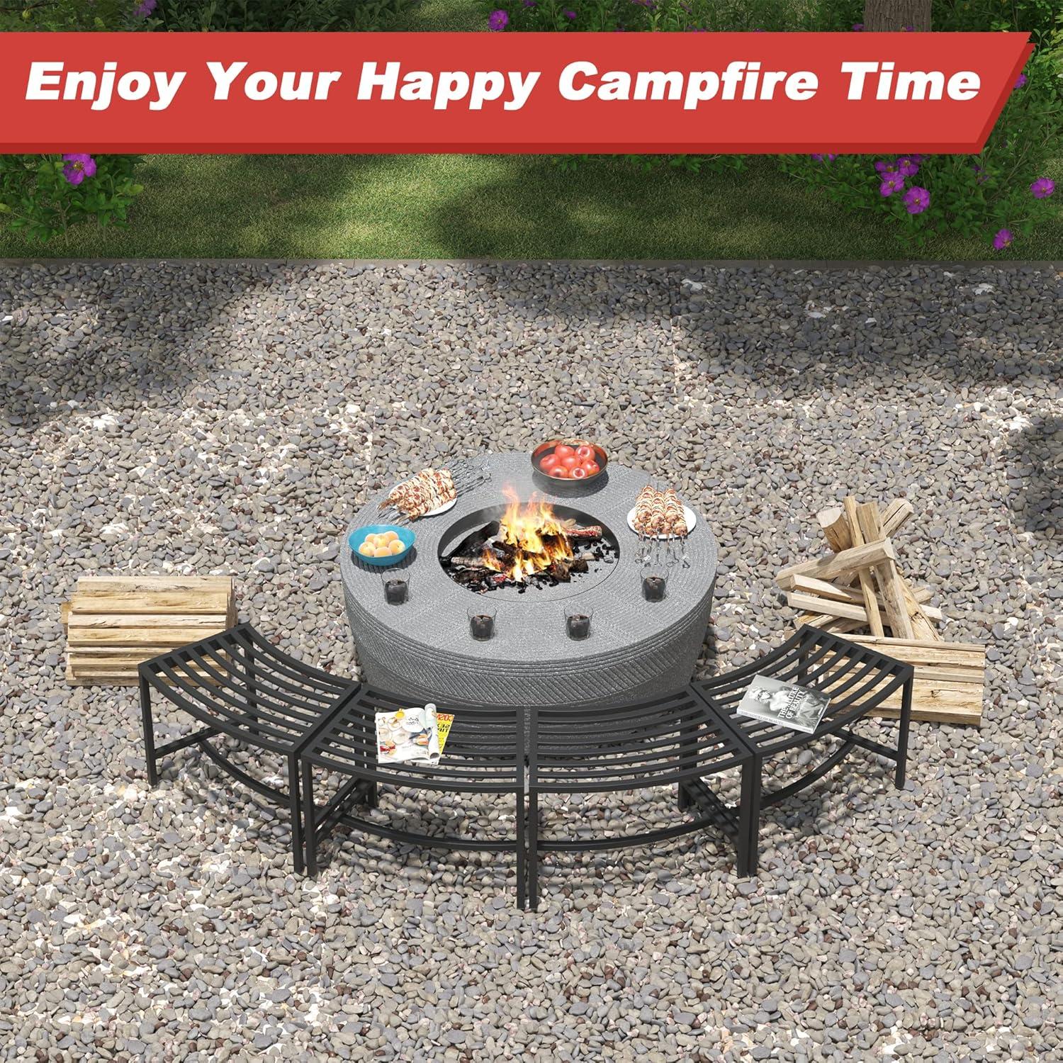 Metal Curved Fire Pit Bench Set of 4, Coated Black Metal Outdoor Stool Bench, Outdoor Fire Pit Seating, Steel Backless