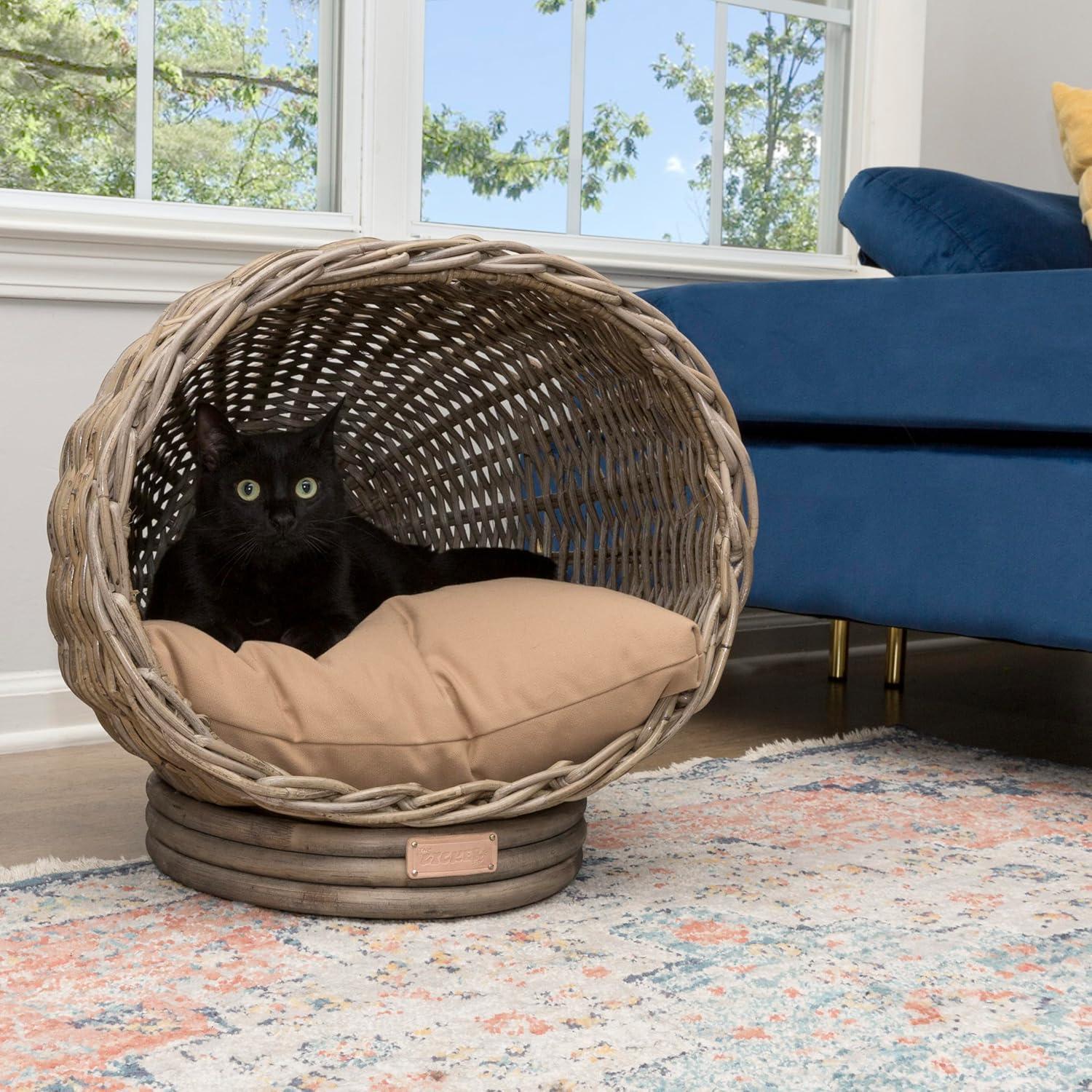 Kubu Gray Handwoven Rattan Dome Cat Bed with Cushion