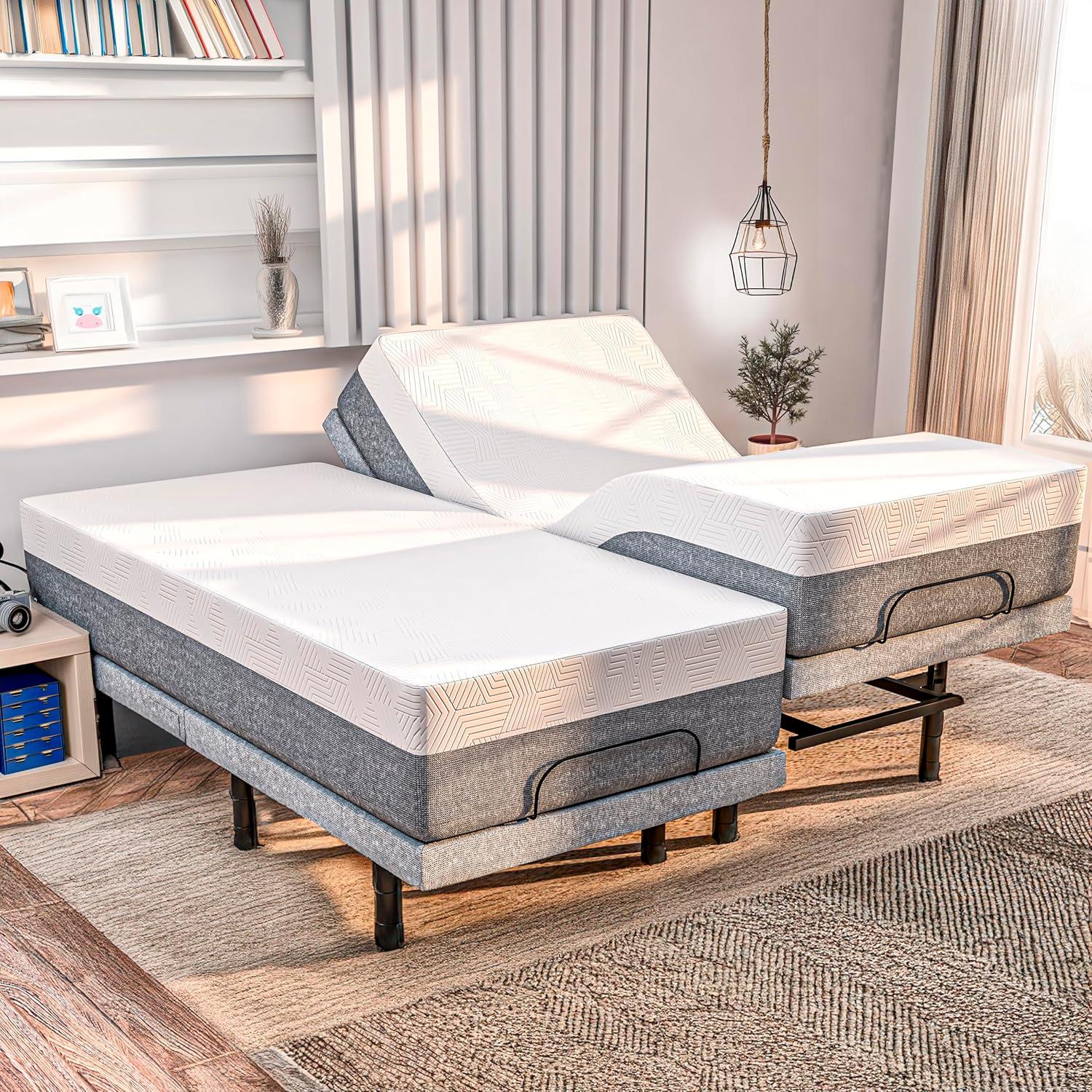 Renanim Serenityflex Adjustable Base & Hybrid Mattress – Split King-Size Adjustable Base with 12 in. Cooling Gel Mattress, Massage, USB Ports, Remote & Under-Bed Light – Reclining Electric Bed Frame
