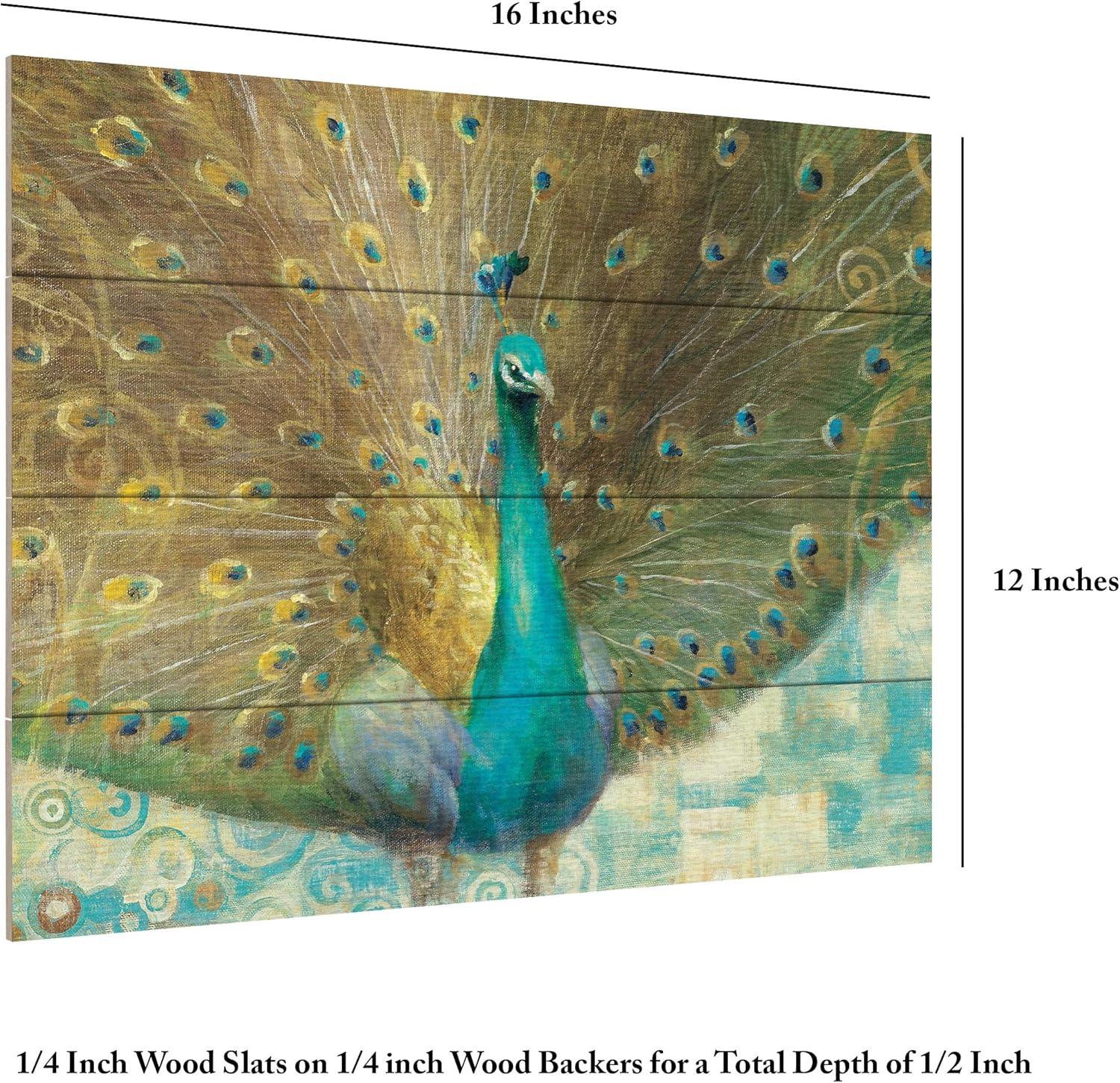 Trademark Fine Art -12"x16"  Danhui Nai 'Teal Peacock on Gold' Wood Slat Art