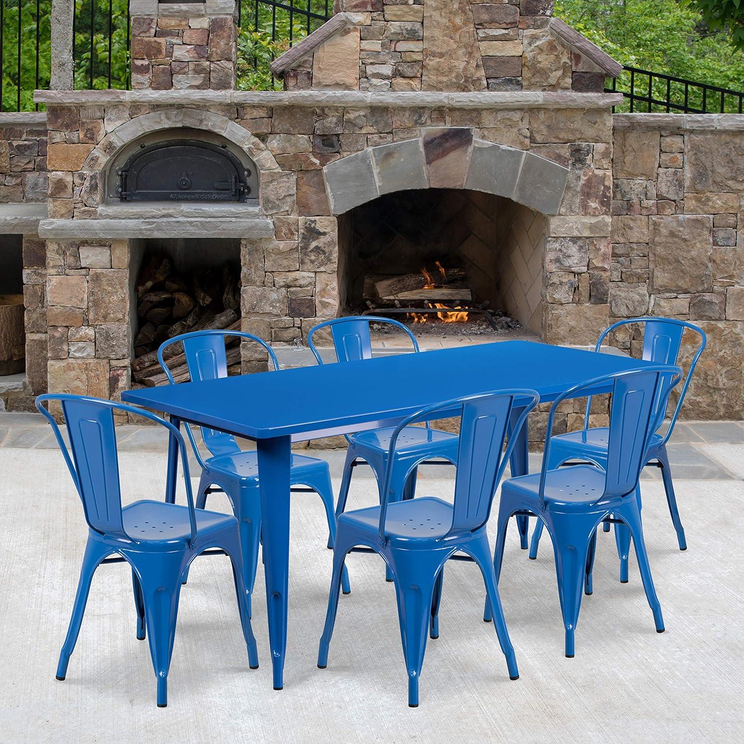 Flash Furniture Commercial Grade 31.5" x 63" Rectangular Black Metal Indoor-Outdoor Table Set with 6 Stack Chairs