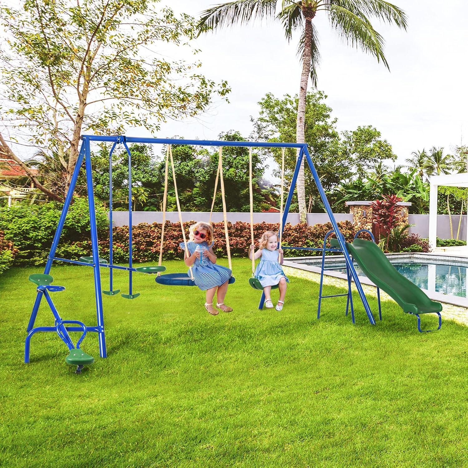 Blue and Green Steel Outdoor Playset with Slide and Swings