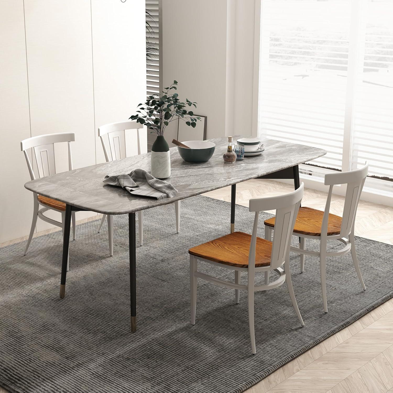 KARMAS PRODUCT Modern White Armless Dining Chairs Set of 2 --Heavy Duty Wood Seat and Iron Frame Kitchen Side Chairs for Restaurant Cafe Bistro,Ergonomic Design,Comb Back