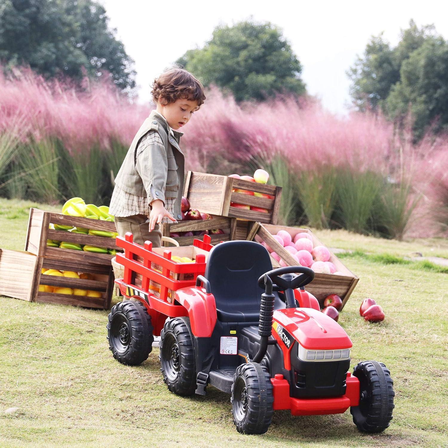 12V Kids Ride On Tractor with Trailer, Battery Powered Electric Car with Music, USB, Music, LED Lights