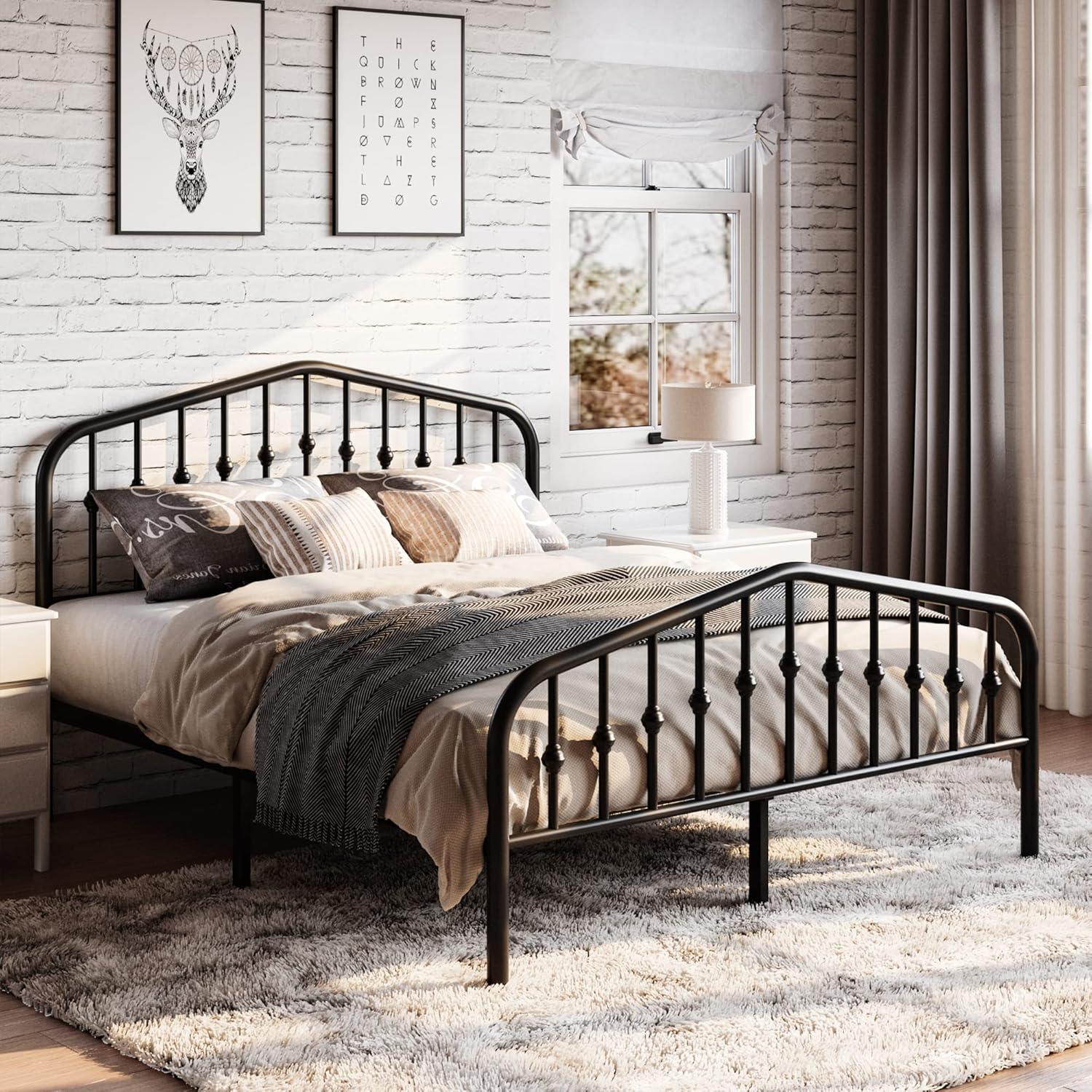 Queen Black Metal Platform Bed Frame with Victorian Headboard